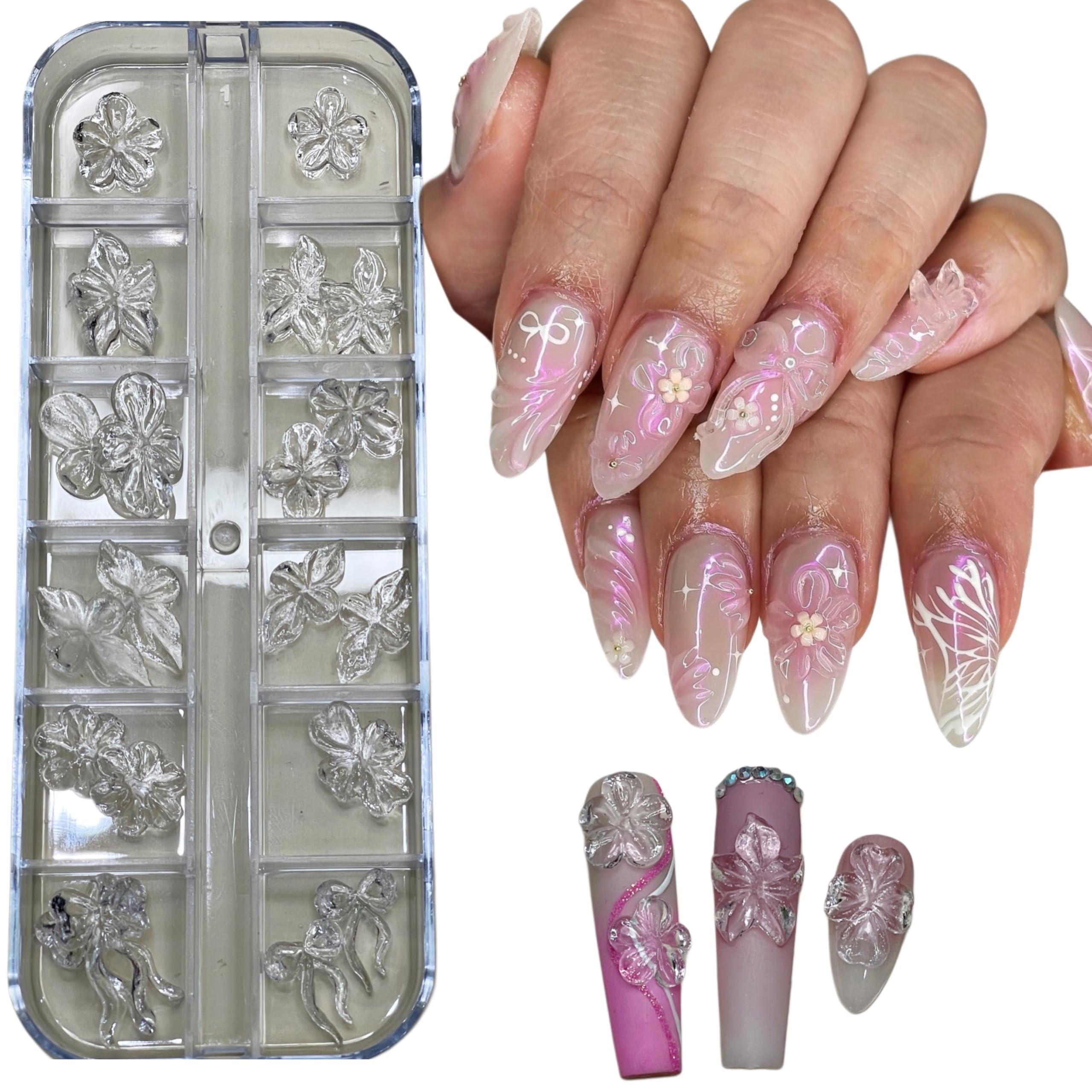 Set Clear Gel 3D Flowers Nails Charms Plain No Rhinestone Gems Handmade by Gel, Design For Medium & Long Nail,3D Flower Nail Art Floral Salon Decor
