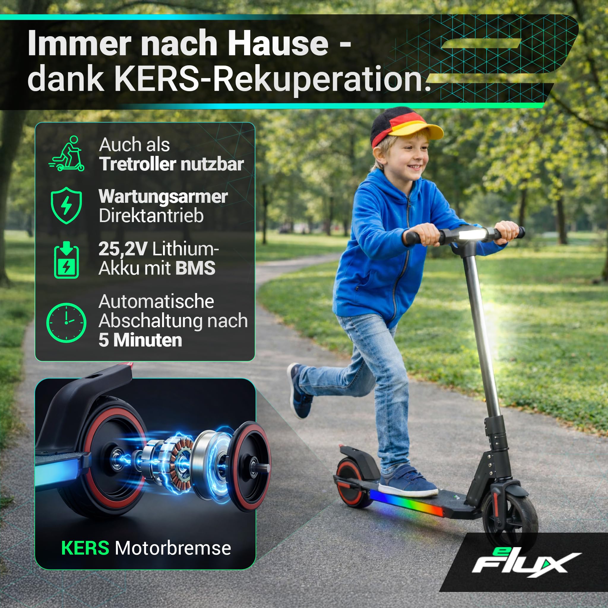 eFlux Kids K1 E Scooter | E Roller für Kinder ab 6 Jahren - Scooter mit LED Beleuchtung - Elektroscooter leicht - Elektroroller klappbar - Geschwindigkeit bis 𝟏𝟔 𝐤𝐦/𝐡 - Reichweite bis 𝟏𝟓 𝐤𝐦