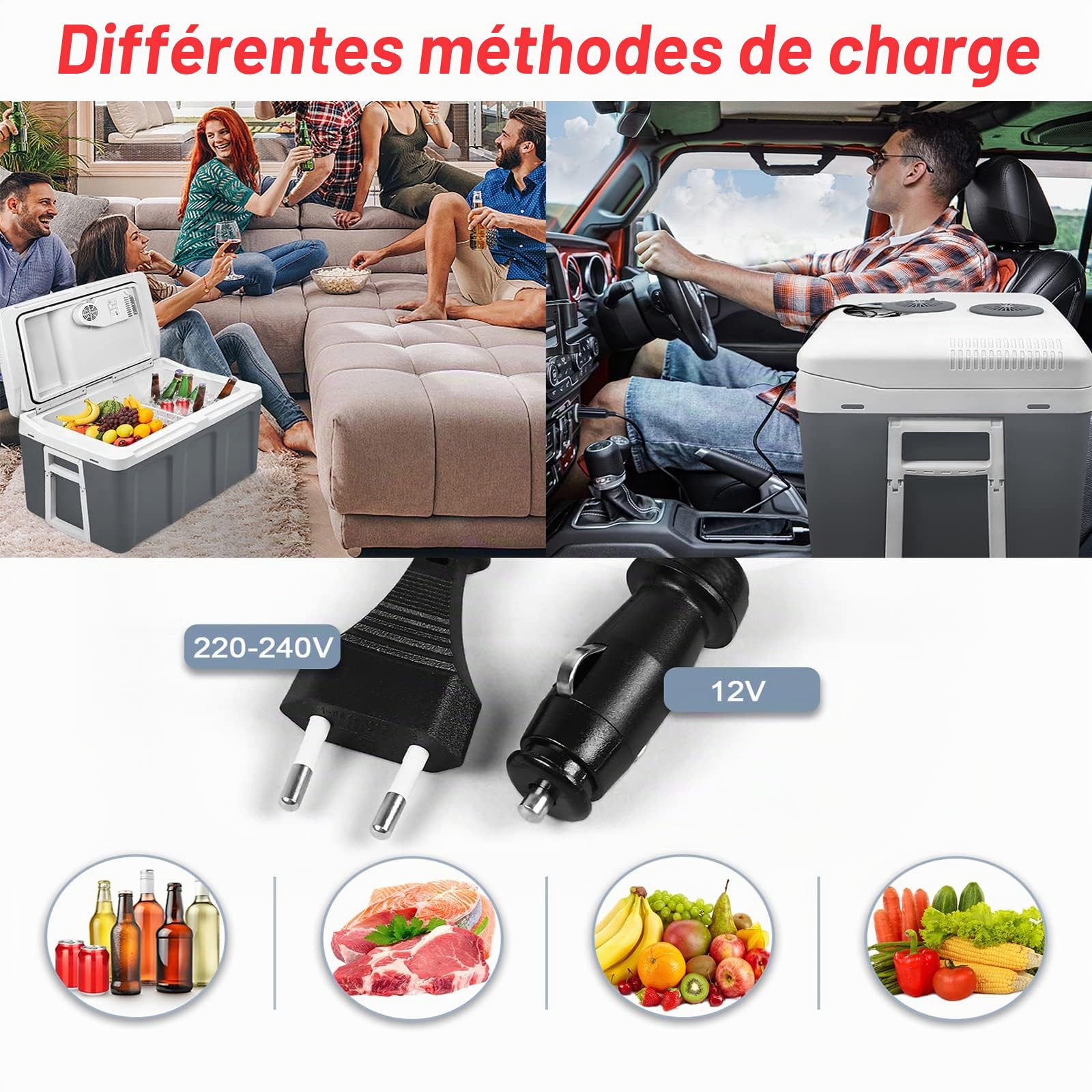 YRHome Glacière électrique pour voiture - 48 l - 12 V - 230 V - Mode ECO - Avec câble - Portable - Pour voiture, camion, camping, bateau, camping-car - Gris