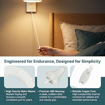 4pcs White Light Pull Cord String with Connector for Ceiling Switches Bathroom Light