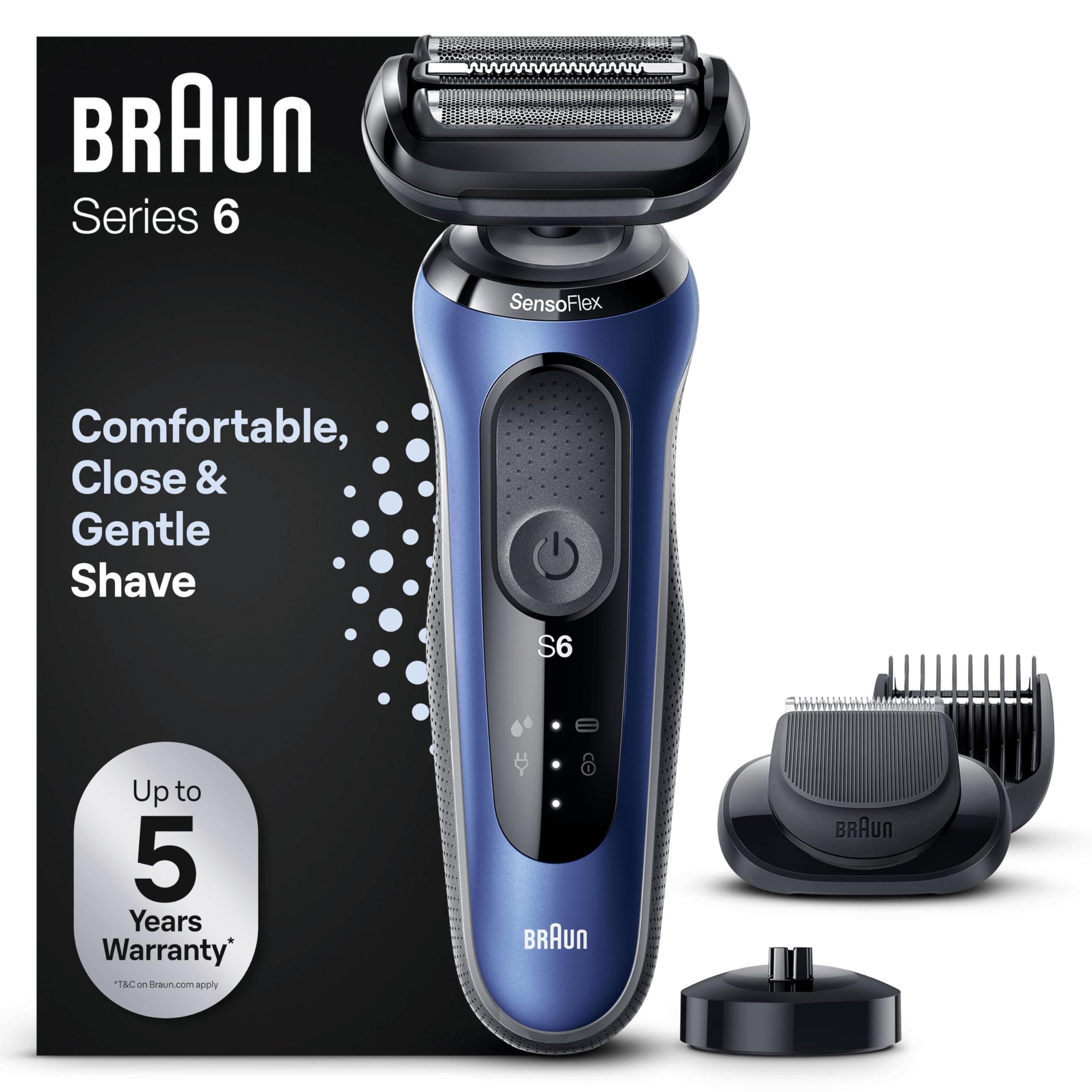 Braun Series 6 Afeitadora Eléctrica Hombre, Máquina de Afeitar Barba con Recortadora, EasyClick, Base De Carga, SensoFlex, Uso En Seco Y En Mojado, Recargable, Inalámbrica, 61-B4500cs, Azul GreenCircle Certified: Certified Energy Savings