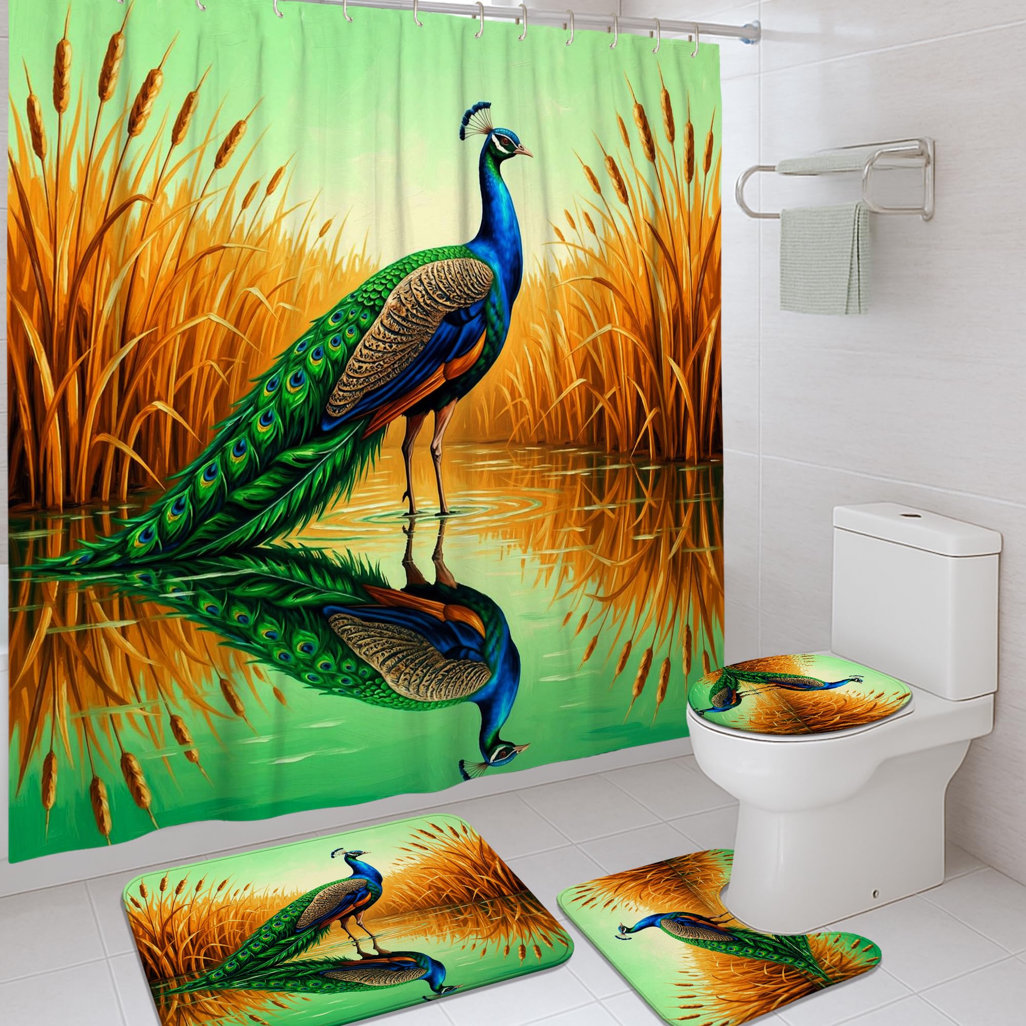 Rideau de douche paon vert 183x183 cm et son tapis de bain assorti