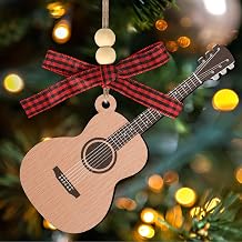 Guitar Ornaments for Christmas Tree, Wooden Guitar Christmas Ornament 2025 with Bows and Beads for Music Lovers Gift, Music Hanging Ornament for Tree Decoration