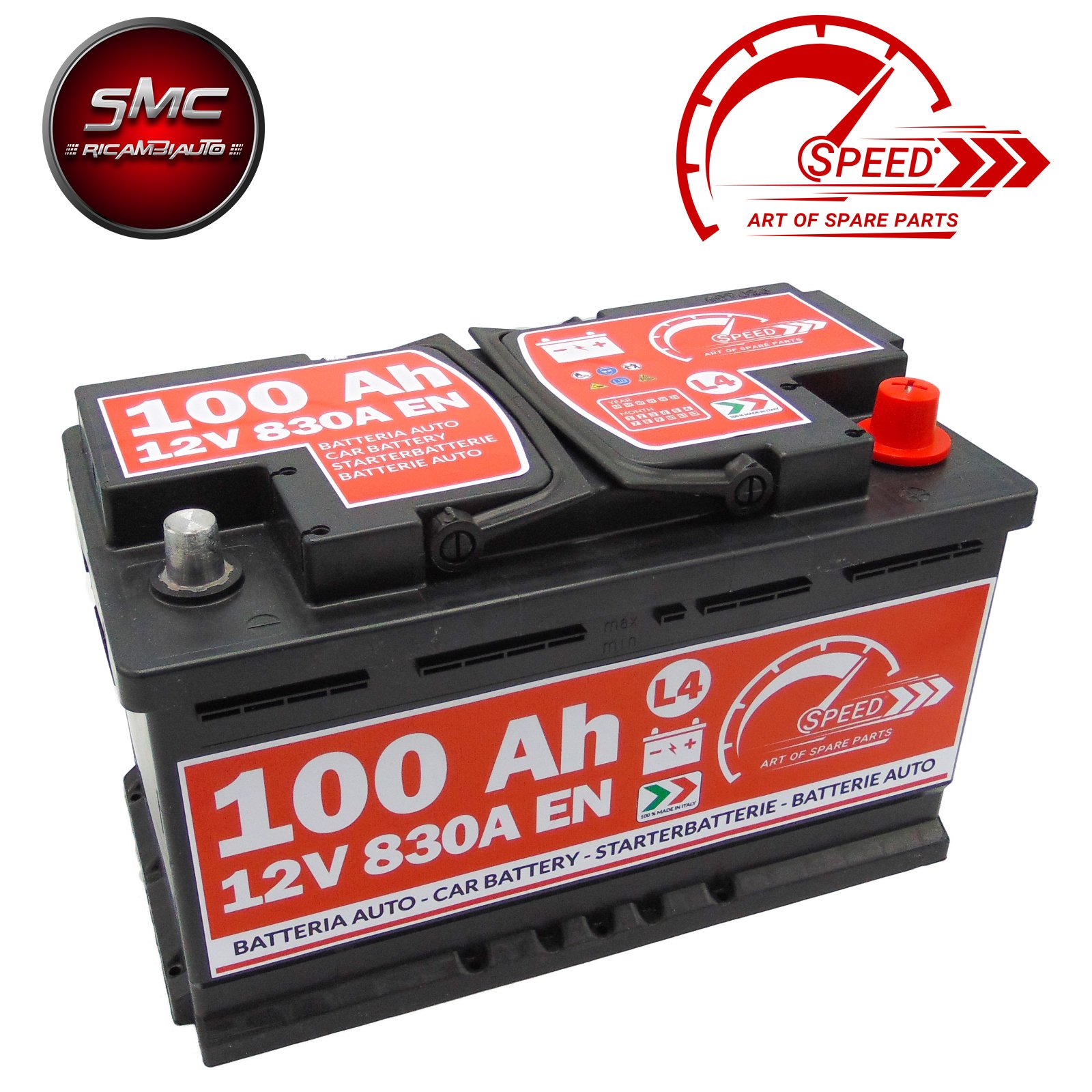 Speed - Batería de arranque de coche original L4 de 100 Ah, 12 V, 830 A +DX | polo positivo a la derecha