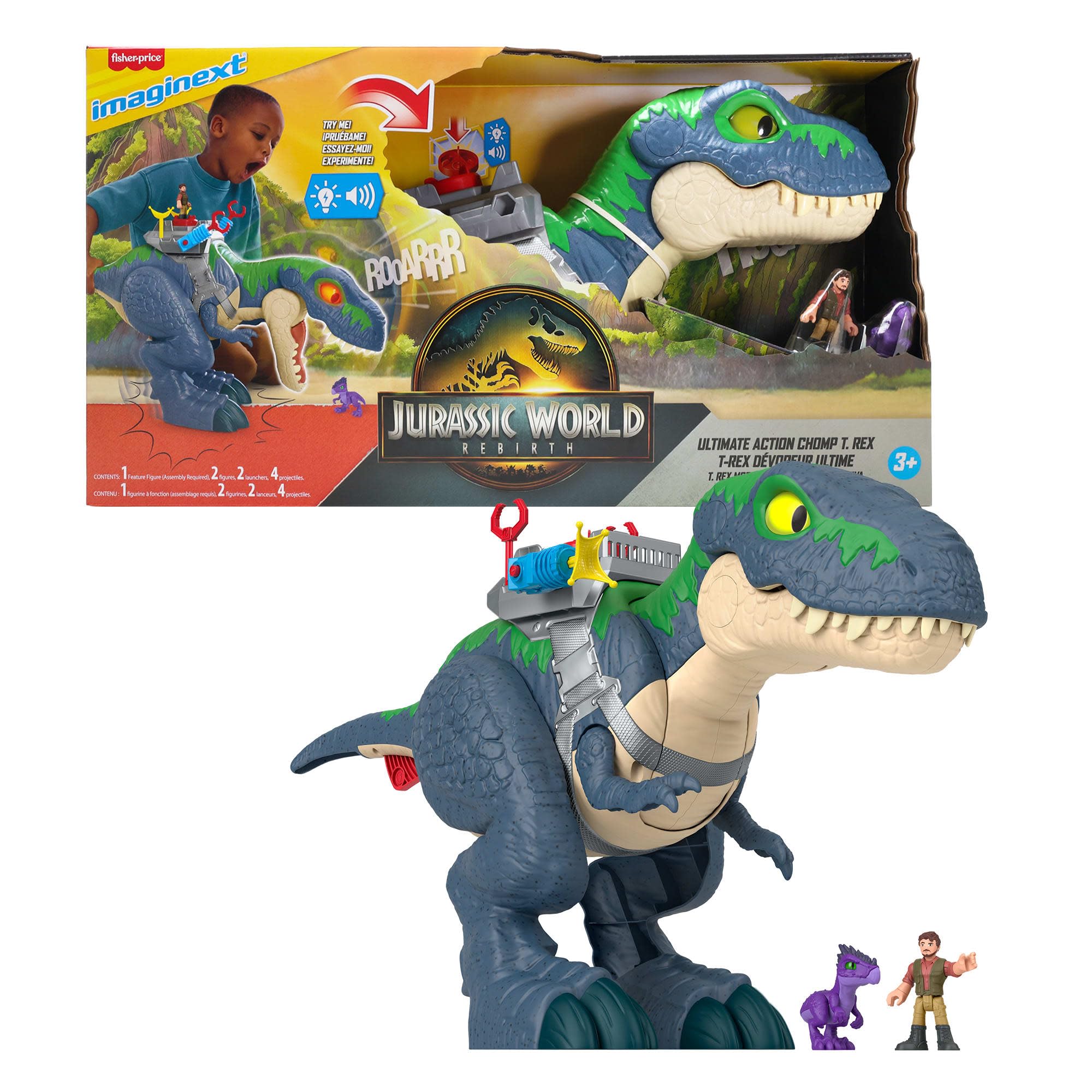 Imaginext Jurassic World La Rinascita - T-Rex Morso Devastante, set con dinosauro da 46 cm con luci, suoni e movimenti e 2 personaggi dal film inclusi, giocattolo per bambini, 3+ anni, JGR40