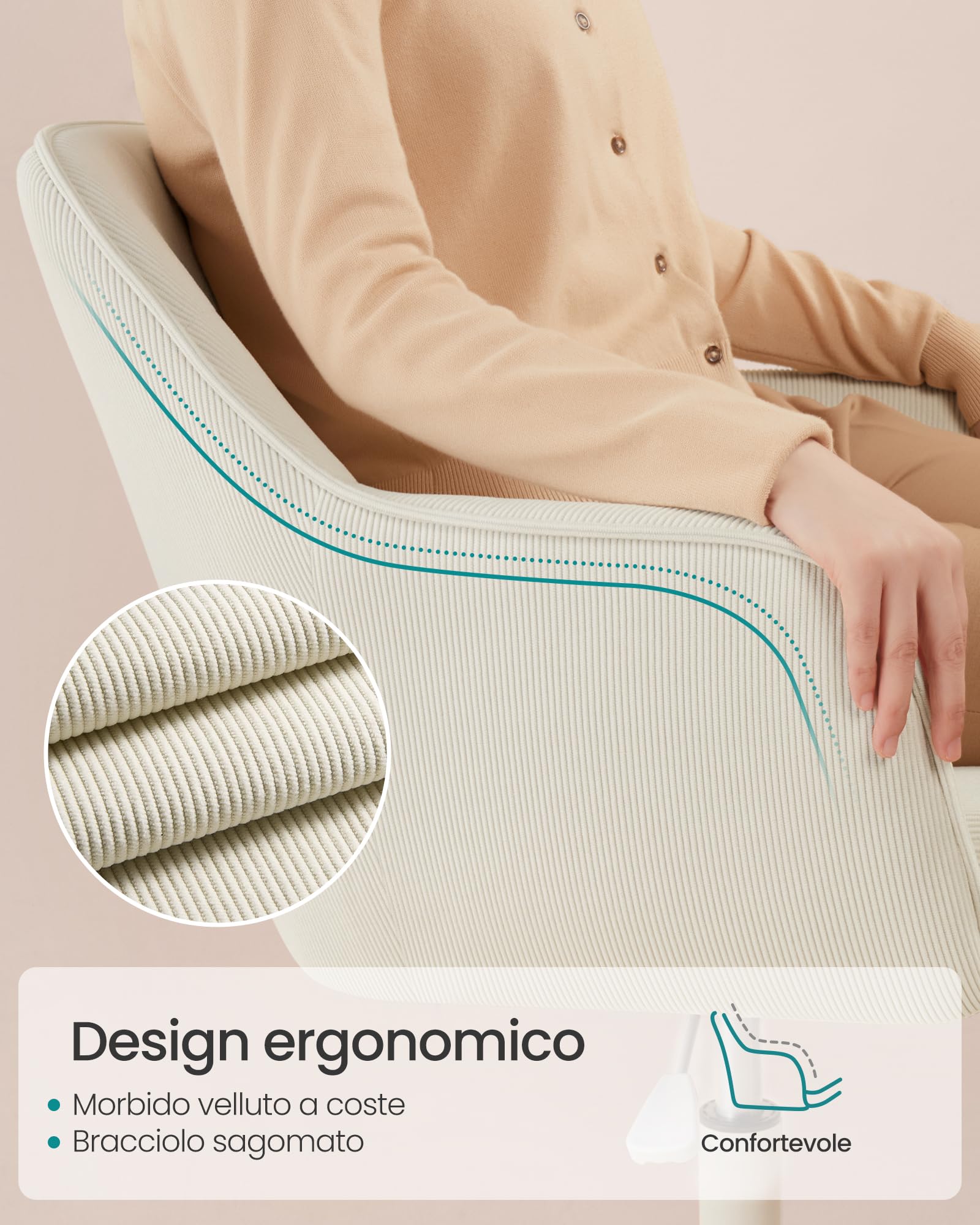 SONGMICS Sedia da Ufficio, Sedia Girevole, Regolabile in Altezza, Portante 110 kg, Struttura Acciaio, Tessuto di Velluto a Coste, Studio, Camera da Letto, Beige Sabbia OBG019LZ01