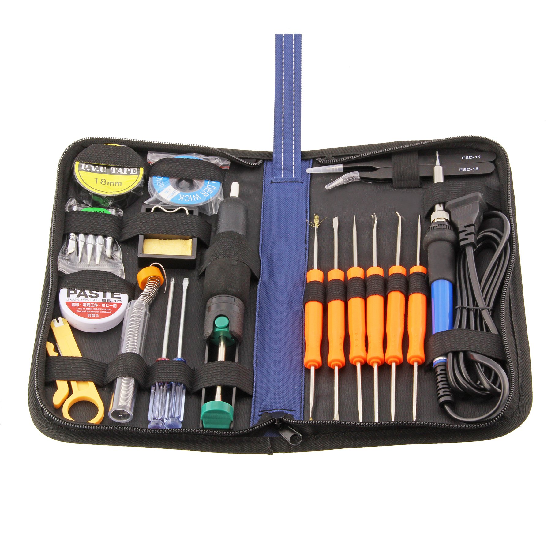 TekWorthy Soldering Iron Kit, Full Set, 70W, 110V, Soldering Iron, Tips, Tweezers, Solder Sucker, Soldering Wick, Rosin, 25-in-1, non-toxic soldering gun, and all tools in a case by Tripworthy