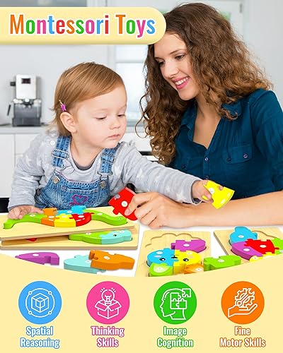 Miniatura 2 de Yetonamr Rompecabezas de madera para niños pequeños, juguetes Montessori para niños y niñas de 2, 3 y 4 años, paquete de 4 rompecabezas de animales,