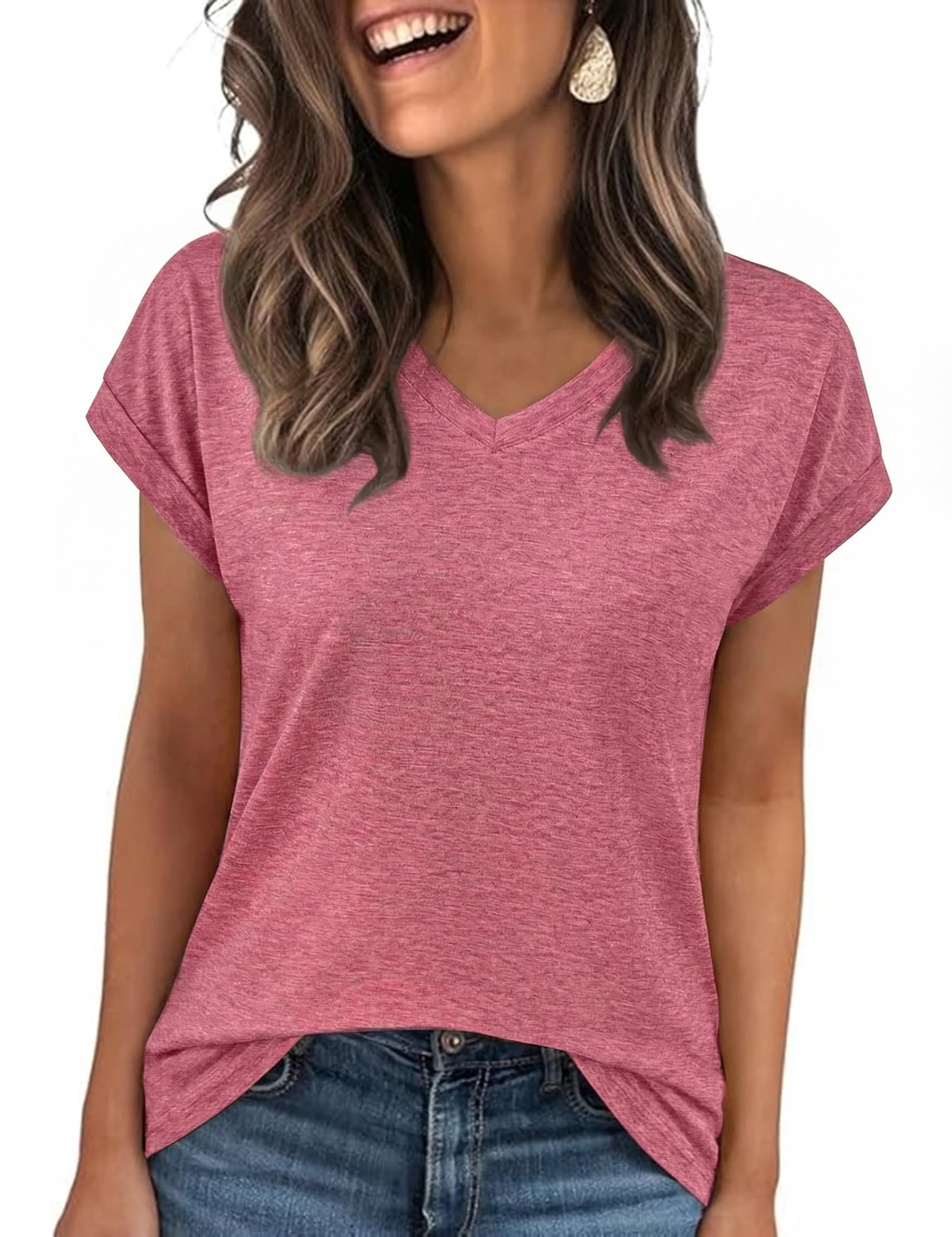 Demegimi Tshirt Damen Sommer Kurzarm V-Ausschnitt Basic Oberteile Locker Elegant Bluse Sommer Casual Shirt für Damen Top