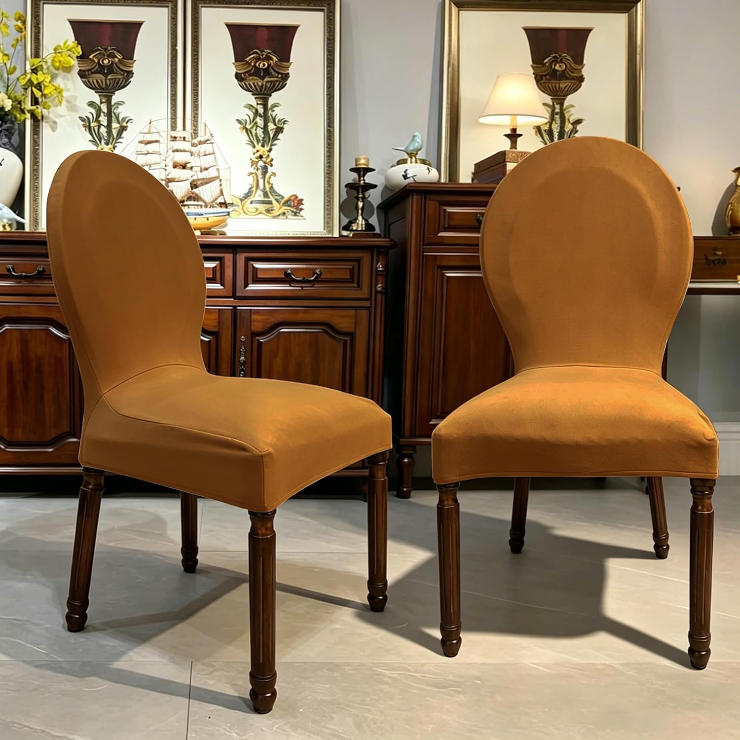 Velvet Round Back Chair Covers for Dining Chairs, Stretch Oval Chair Slipcovers, Mid Century Modern Dining Chair Protectors for Dining Room, Kitchen, Banquet (Caramel Brown, Set of 4)