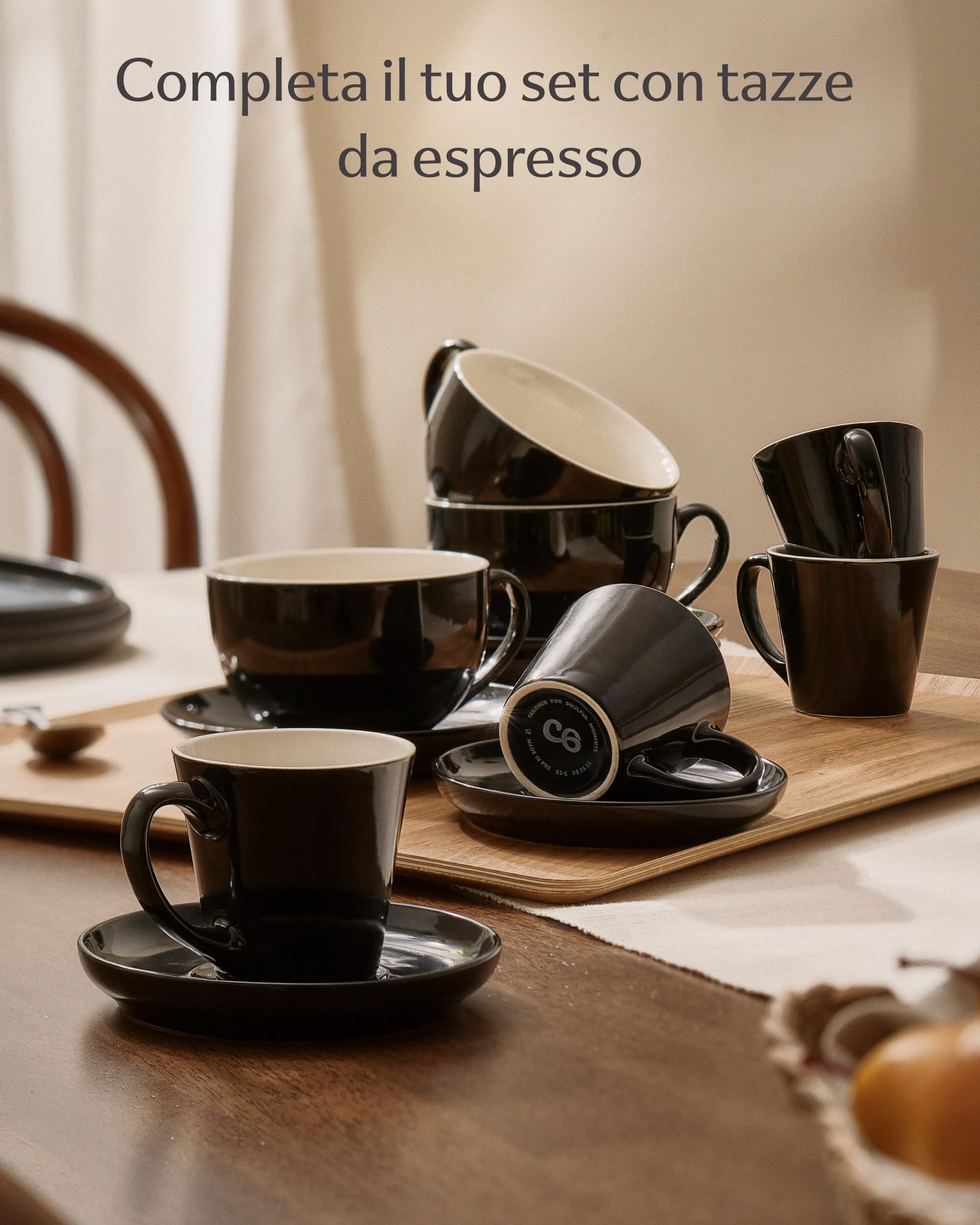 Cosumy Set Tazzine Caffè 6 Pezzi - Tazze Cappuccino Nere con Piattini - Tazzine Caffe Particolari in Ceramica - Tazze Colazione & Tazze Caffè - Lavabili in Lavastoviglie - Scatola Regalo - 180 ml