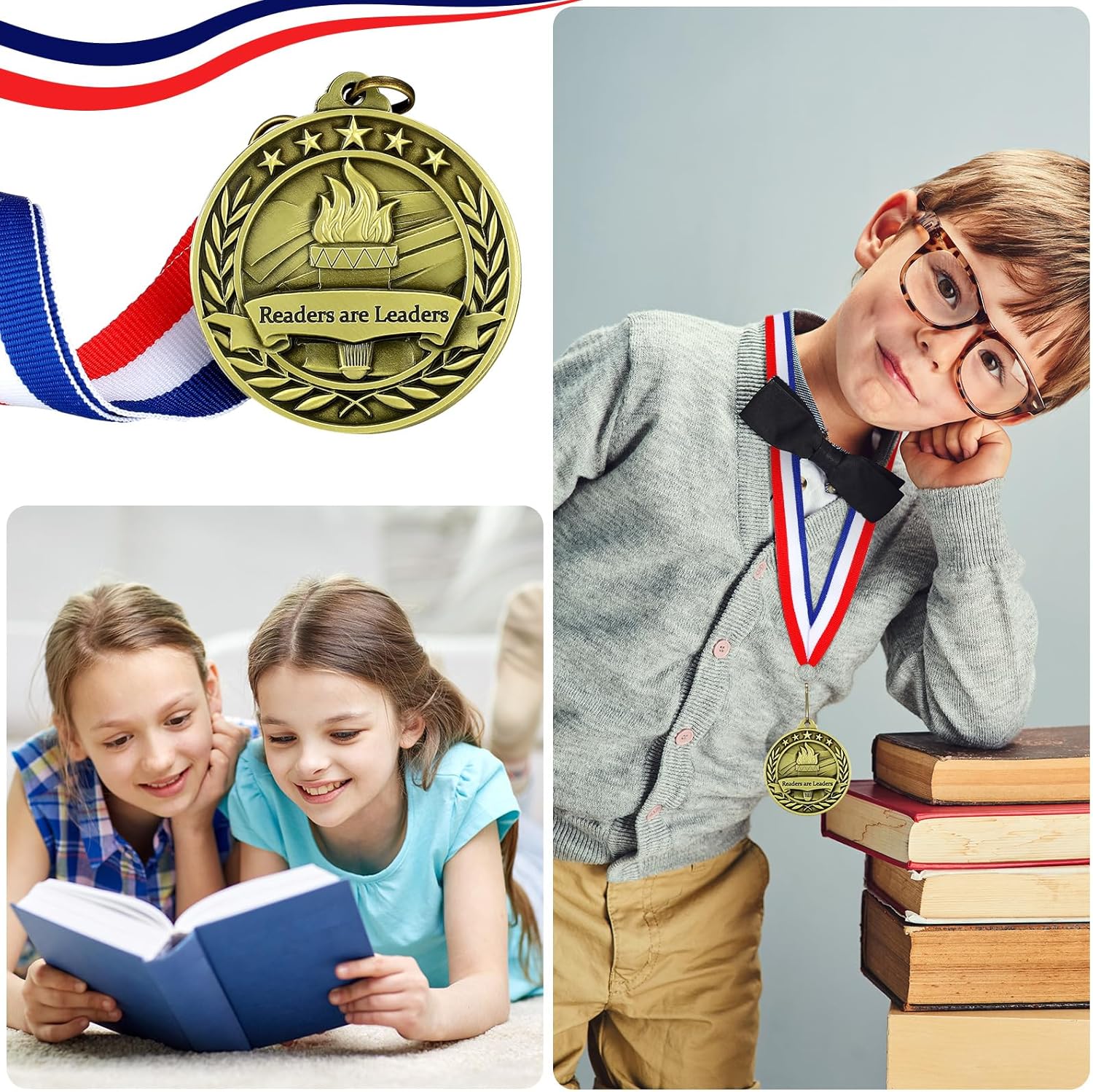 24 pcs Reading Award Medals with Neck Ribbons Metal Trophy Award Prize Gift Readers are Leaders Medals