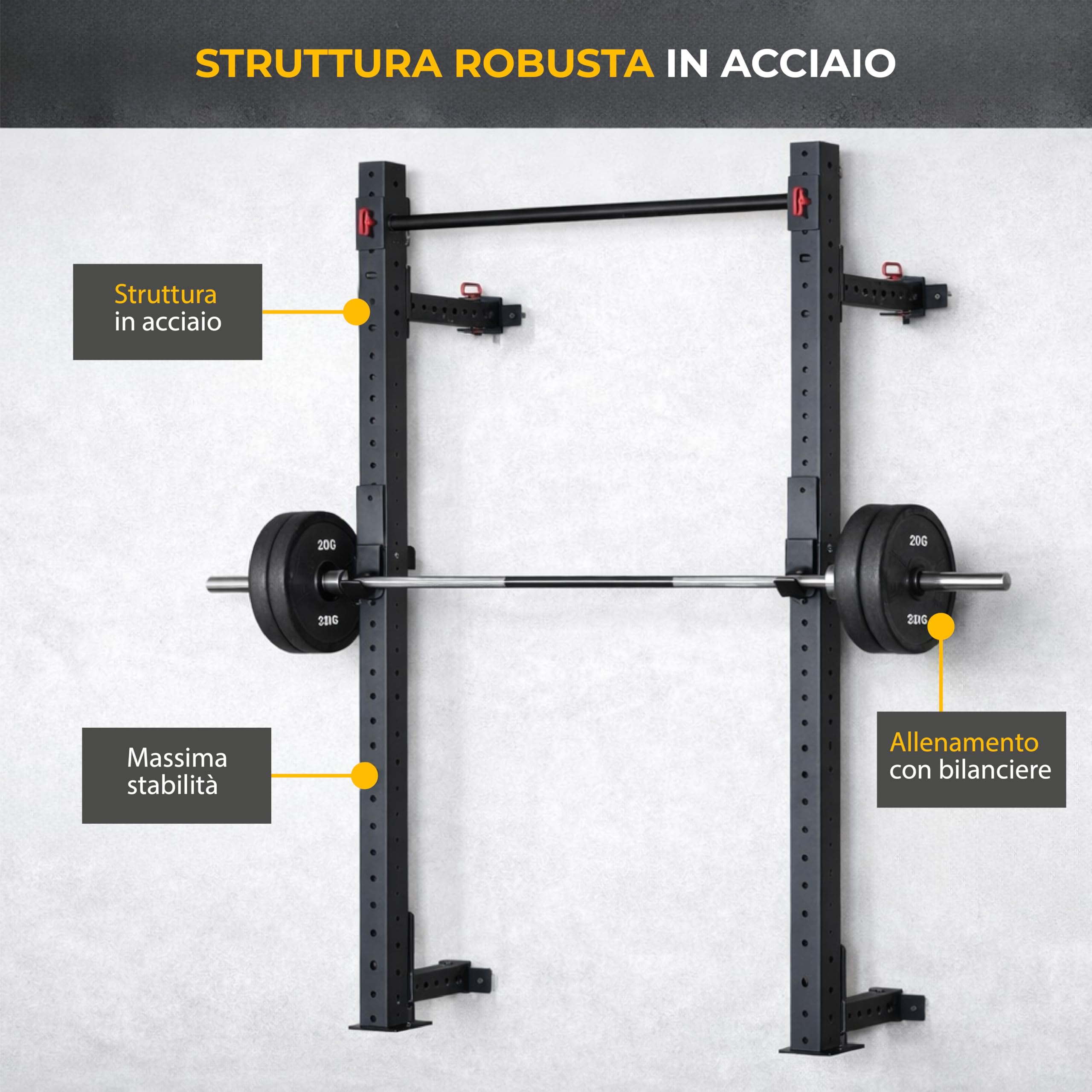 Power Rack da Muro per Allenamento con Bilanciere – Struttura in Acciaio Regolabile – Ideale per Squat, Panca e Allenamento Funzionale