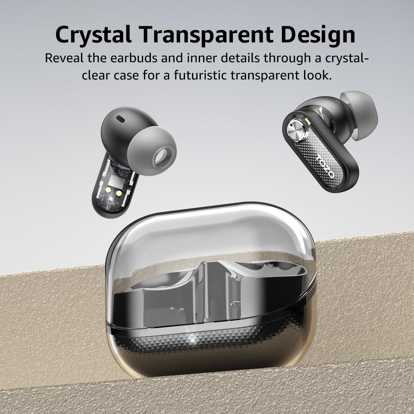TOZO Crystal Pods Hybrydowe bezprzewodowe słuchawki douszne z aktywną redukcją szumów, przetworniki 10 mm, głębokie basy, 4 mikrofony inteligentne połączenia ENC AI, tłumaczenie AI w czasie