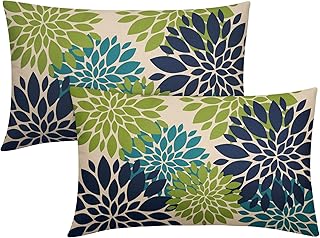 Navy Blue Green Teal Pillow Covers 12X20 Inch Set of 2, Modern Dahlia Floral Print Decorative Rectangle Throw Pillow Covers Outdoor Farmhouse Cushion Case for Home Couch Sofa Bed Decoration