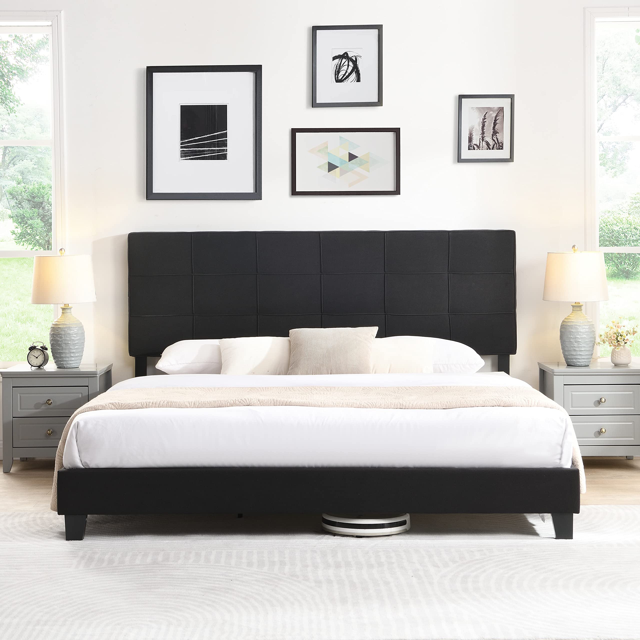 King Size Bed Frame Modern Upholstered Platform Bed with Headboard Heavy Bed Frame with Wood Slat Support Easy