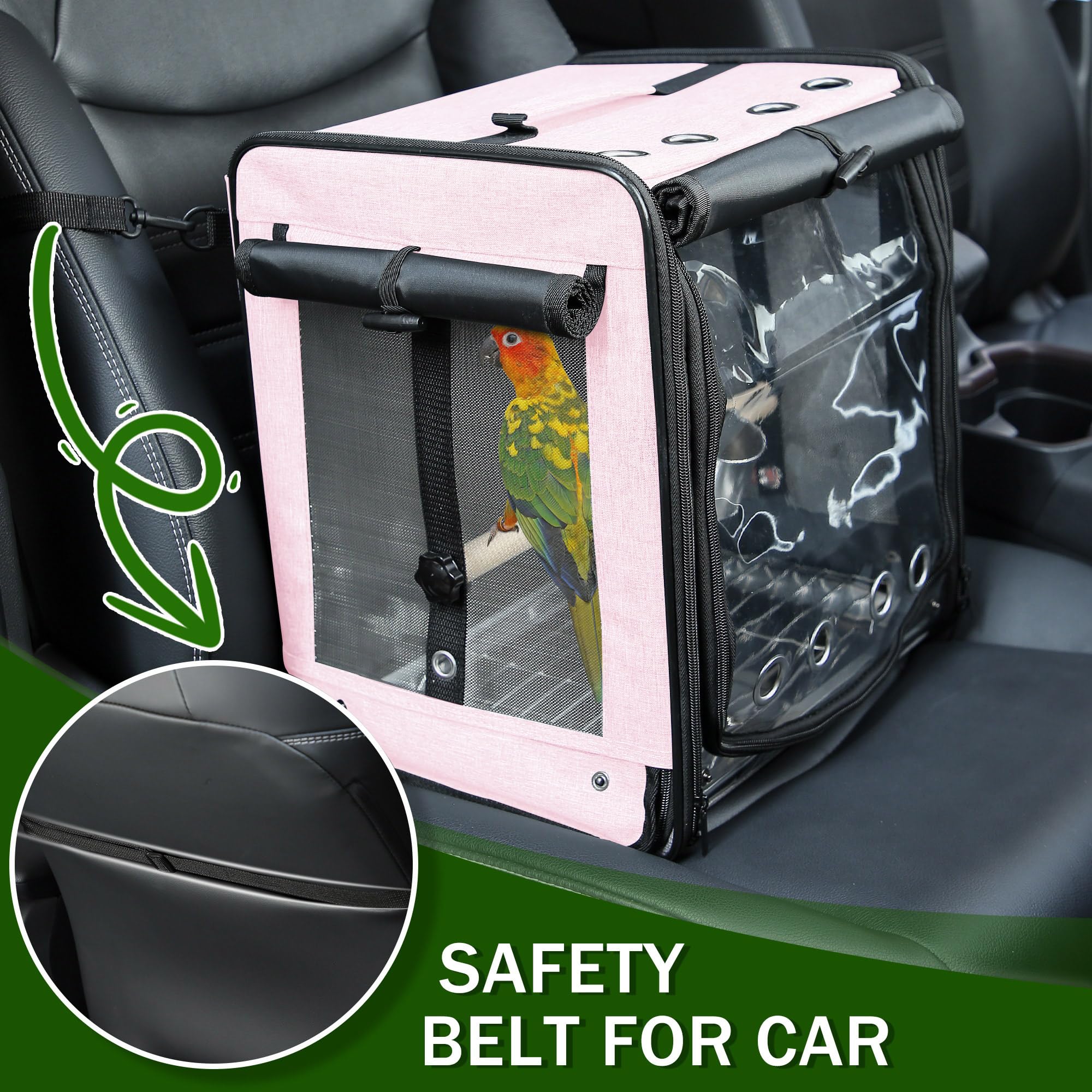 Trasportino per uccelli con cintura di sicurezza per viaggi in auto, zaino per uccelli con rete in acciaio inossidabile indistruttibile, grande gabbia da viaggio per uccelli, rosa