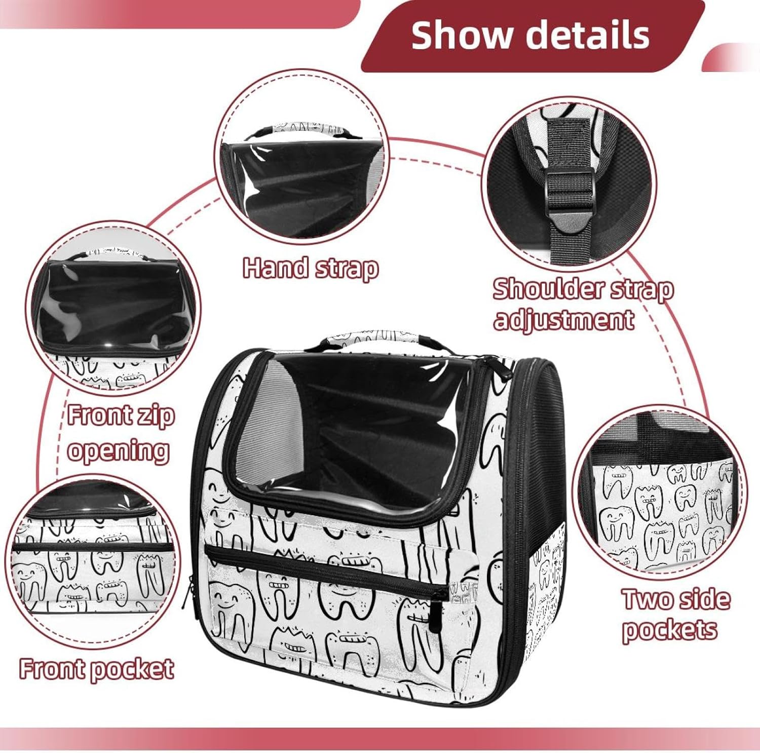 Portable Travel pet Backpack Carrier Hamster Bag Small Dog cat Carrier Breathable Hang Bag, Cute Teeth