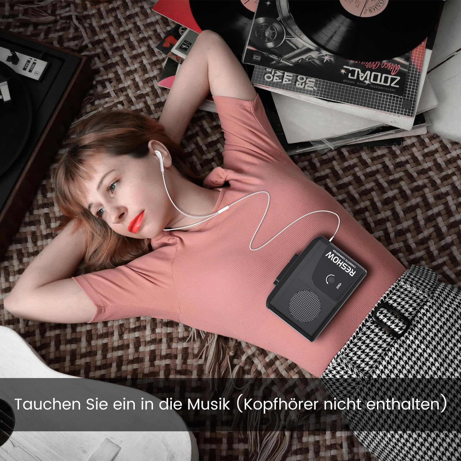 Reshow Kassettenspieler tragbar, eingebautes Mikrofon & Lautsprecher, USB Kassette zu MP3 Konverter, umgekehrte Aufnahme auf Band, Kassettenrecorder mit Kopfhörer（Schwarz）