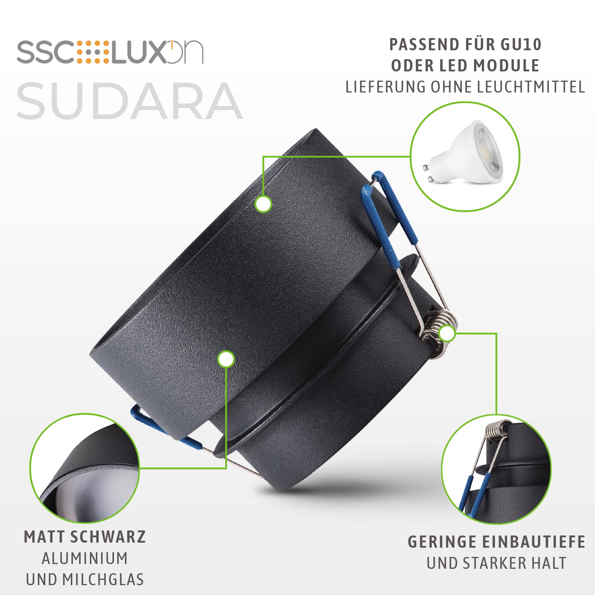 SSC-LUXon Sudara Einbauspot 4 Stück schwarz indirekt | Vier Design-Deckenspots schwarz mit indirektem Up-Down-Licht - für Flur & Wohnzimmer, GU10 oder LED-Modul (ohne Leuchtmittel)