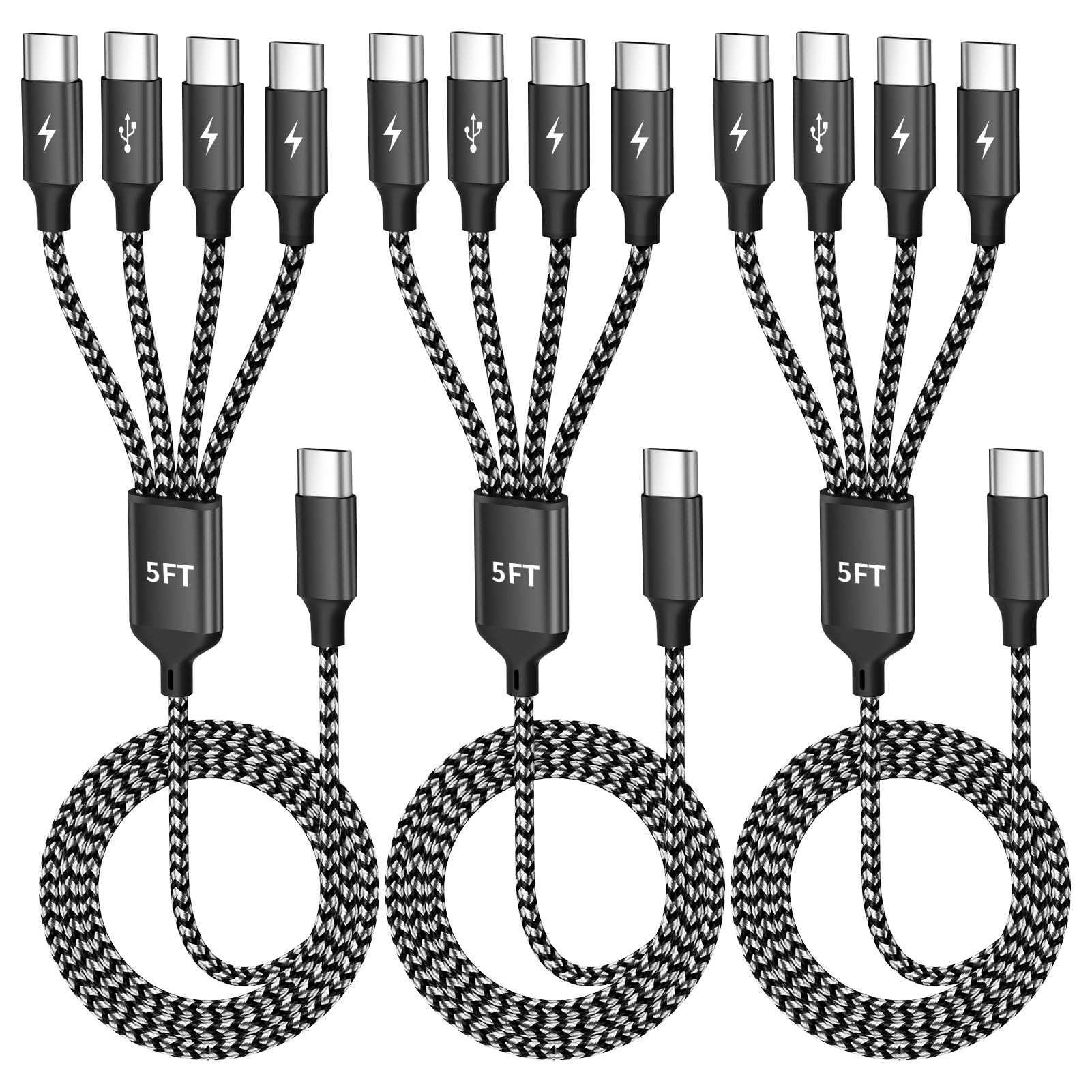 USB C Splitter Multi Charging Cable 3Pack, Dual Type C Charger Cord,4 in 1 Multiple Nylon Braided Cable with 4 Type-C Connectors Compatible with iPhone 17 16 Pro Max/Galaxy/Tablets/Google 5FT