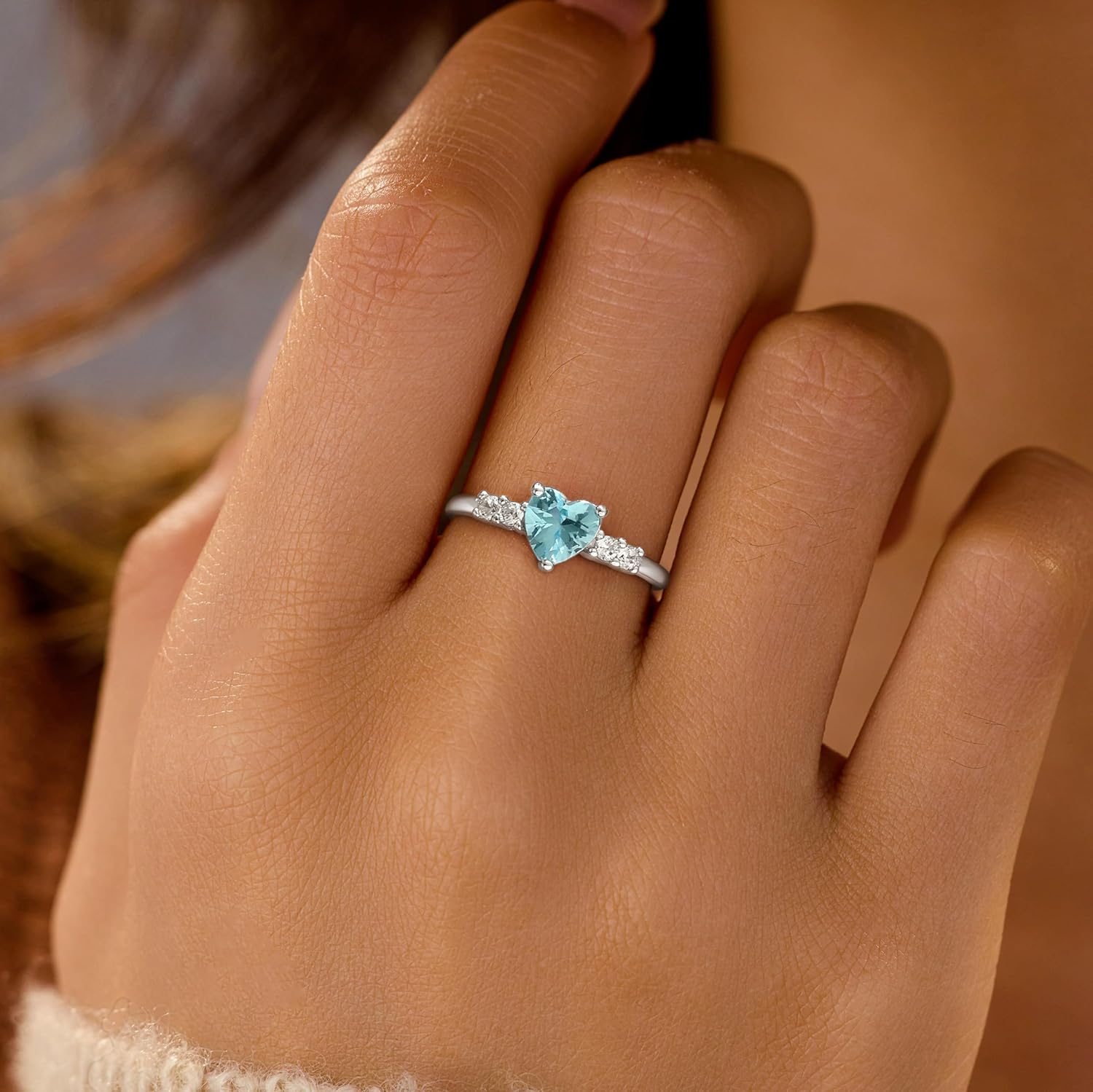 925 Sterling Silver Aquamarine Heart Rings for Women Dainty Cubic Zirconia Ring Engagement Eternity Wedding Bands Purity Ring Promise Rings for Her Blue March Birthstone Rings Birthday Wedding Gifts