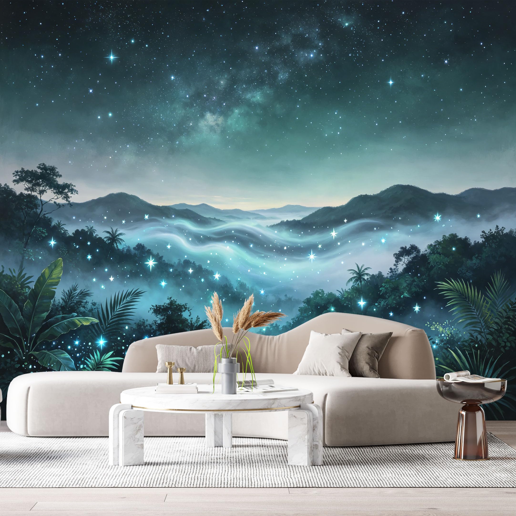 Custom Size Wall Murals Night Sky Tropical Forest Landscape Oil Painting Starry Mountain SelfAdhesiveWall Fabric Removable Wallpaper Wall Decor for Living Room Bedroom Bathroom