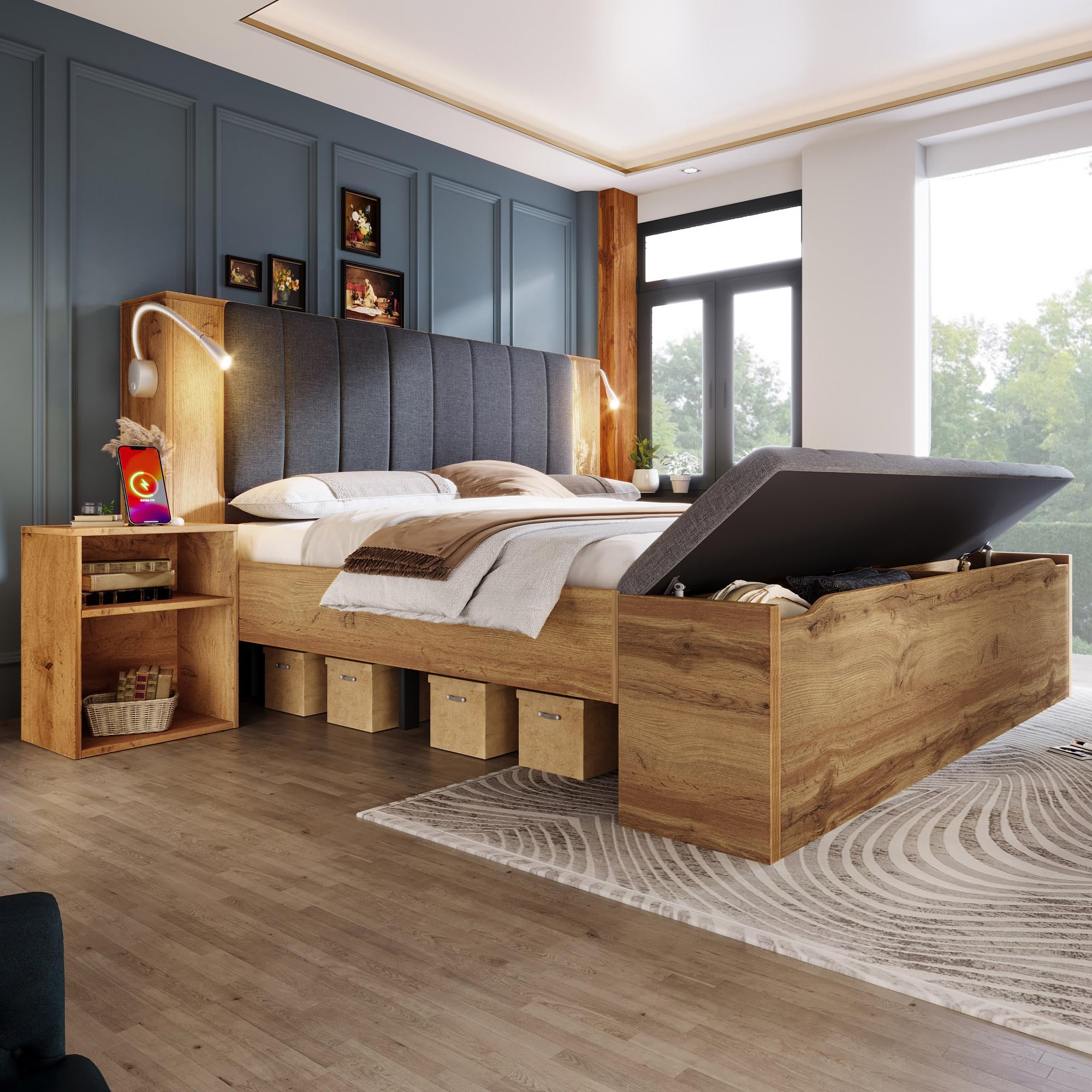 Letto matrimoniale 160x200 con testiera ribaltabile rivestita in tessuto di lino, Letto Industrial con 2 comodini e panca con contenitore, lampade da lettura con USB, Legno Rovere (Senza Materasso)