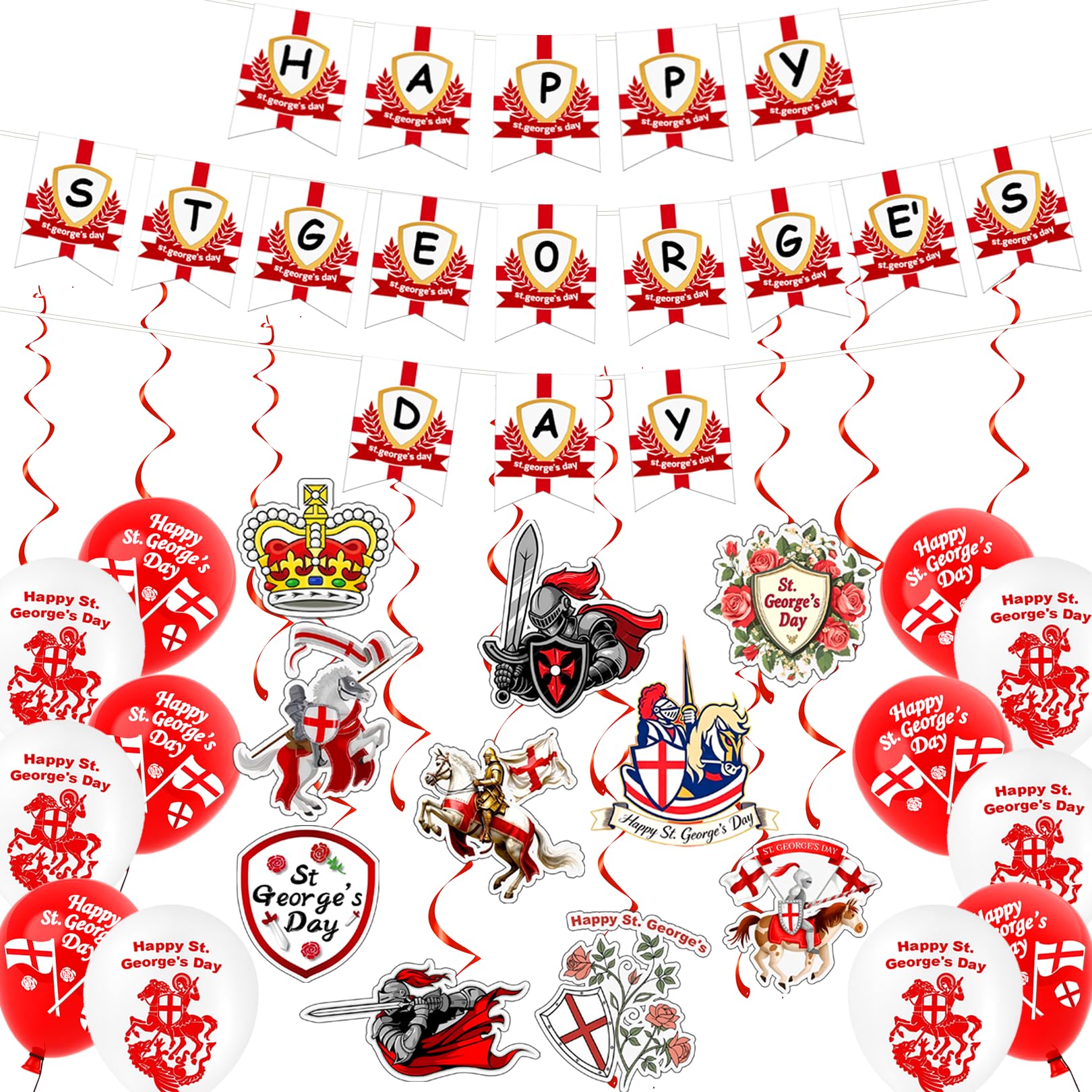 St Georges Day Decorations - Happy St. George's Day Banner, Swirls, Balloons for England National Backdrop Decorations