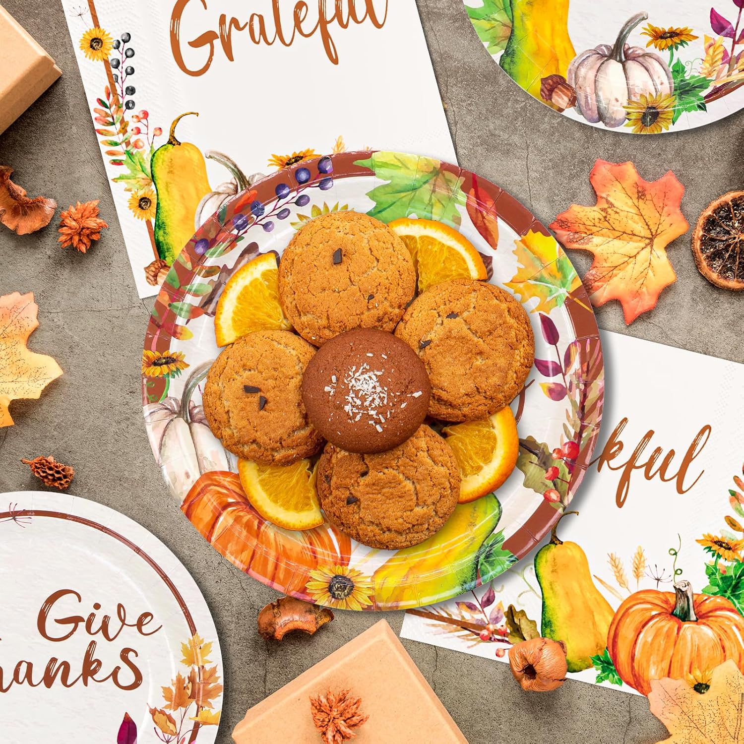 Harvest Thanksgiving Party Supplies, Autumn Pumpkins Theme Dinnerware Set includes 9.2" Dinner Plates, 7" Dessert Plates, 6.5” Luncheon Napkins Thanksful Harvest Plenty Design, Serves 50