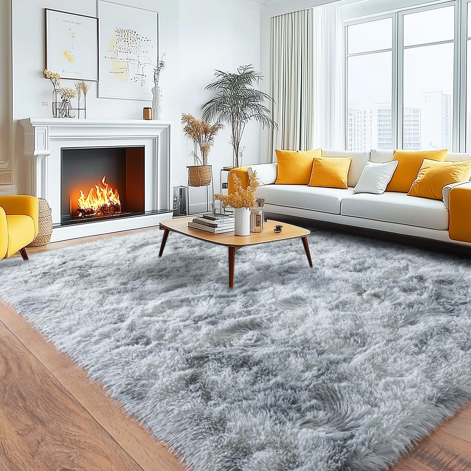 Large Area Rugs 9x12 Living Room, Ultra Fluffy Fuzzy Shag Rug for Bedroom, Modern Plush Soft High Pile Upgrade Non-Slip Carpet for Kids Girls and Boys Room Decor, Tie-Dyed White Grey