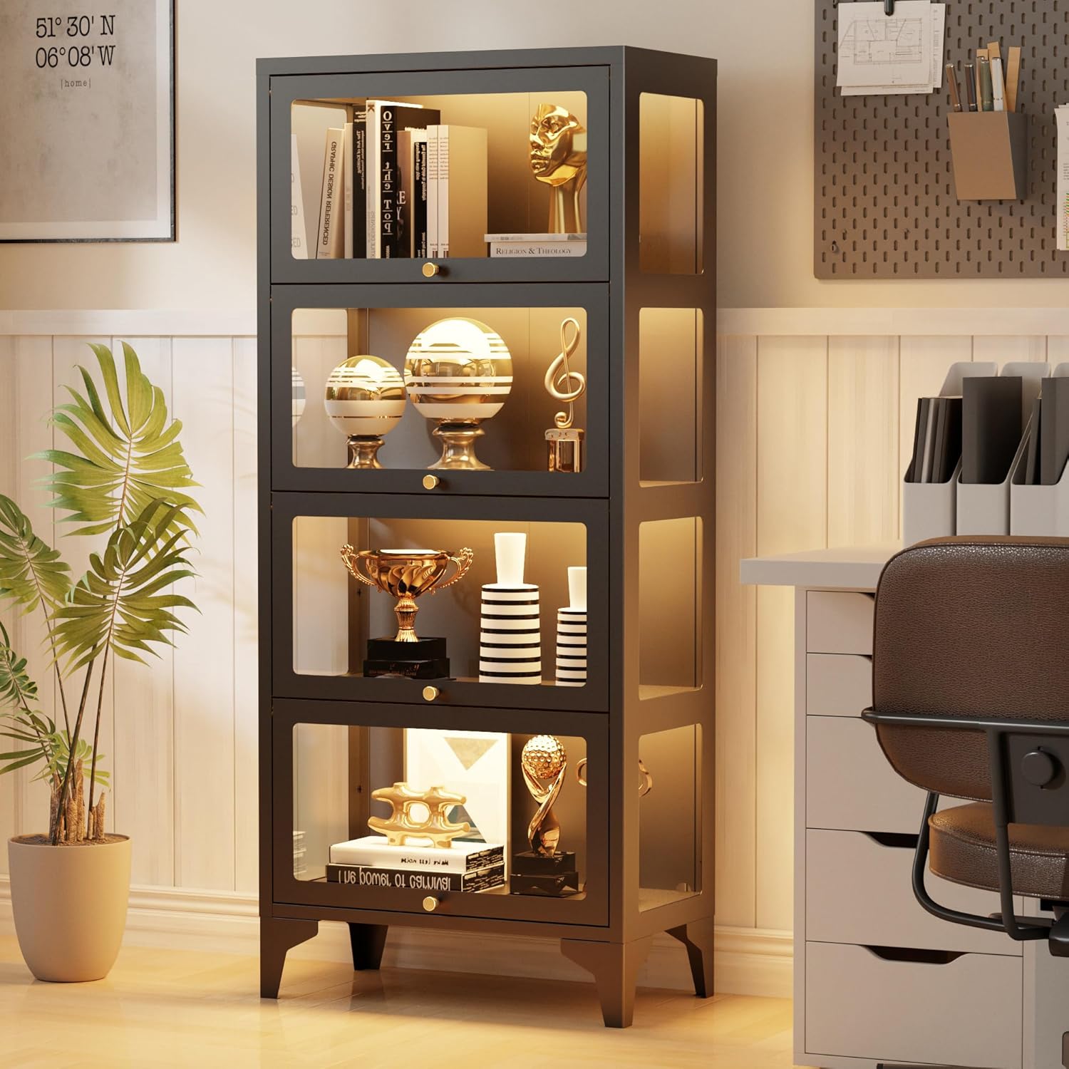 4 Tier Glass Display Cabinet with Flip-Up Doors, 55" Curio Cabinet with 13-Color LED Lights, 3-Side Tempered Glass Metal Display Cabinet for Books, Collectibles, Figures, Black