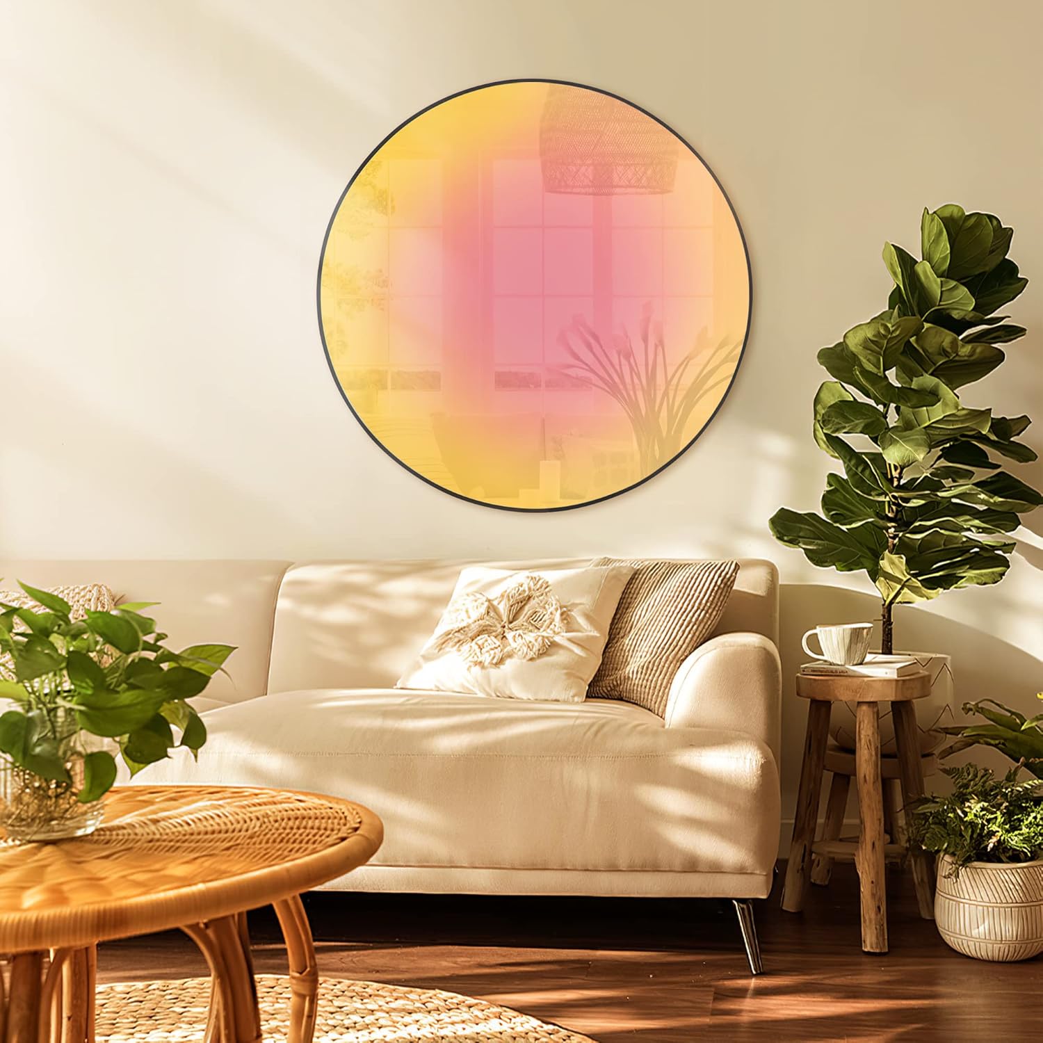 24 Inch Round Mirror for Wall Hanging Decorative Mirrors with Colour Reflection for Entryway, Bathroom, Bedroom, Living Room Aluminum Alloy Frame Black Black(colored Glass) 24"L x 24"W