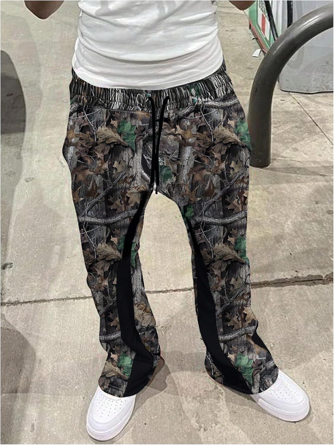 GORGLITTER Men's Camo Sweatpants Drawstring Waist Patchwork Stacked Flared Joggers