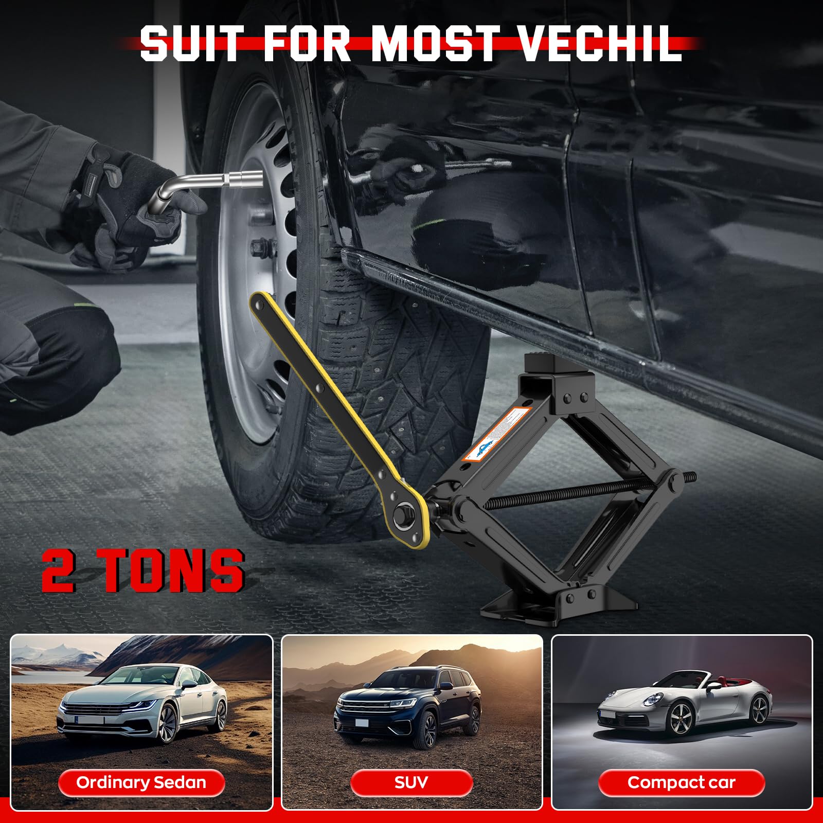 IMAYCC Kit de Gato para Coche 3T, 3000kg Gato de Tijera Universal Portátil GatoCoche,Altura Máxima hasta 41 cm, Accesorios para Vehículos SUVs Kit de Emergenci (Negro-2)
