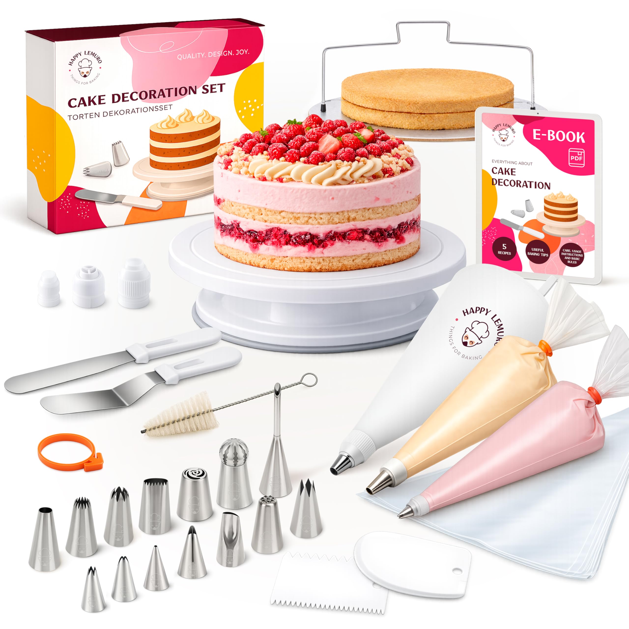 Kit pâtisserie Complet avec Plateau tournant, Coupe-gâteau, Poches à Douille et Douilles INOX - Accessoires décoration gâteau pour débutants et confirmés
