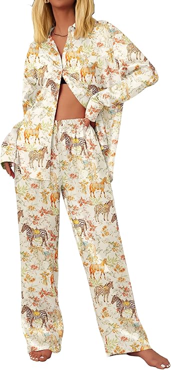 Ekouaer Womens Satin Silky Pajama Set 2 Piece Print PJs Soft Loungewear Button Down Sleepwear with Elastic Waist Long Pants