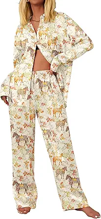 Ekouaer Womens Satin Silky Pajama Set 2 Piece Print PJs Soft Loungewear Button Down Sleepwear with Elastic Waist Long Pants