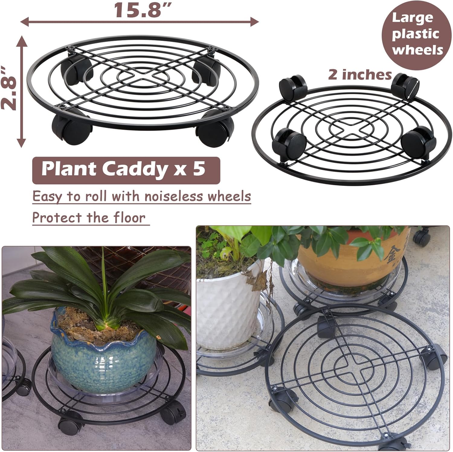 15.8" Metal Plant Caddy with Wheels 5 Packs Extra-large Rolling Plant Stands Wheeled Plant Dolly Heavy-duty Pot Mover Roller Base Indoor Outdoor Plant Trolley Cart with Brake Water-proof, Black