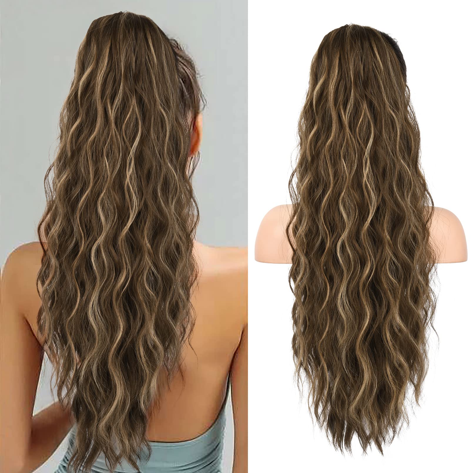 SEIKEA 26" Highlight Drawstring Ponytail Extension，PT003 Eva Long Thick Wavy Clip in Hair Extensions Ponytail Natural Soft Synthetic Hairpiece for Women Chocolate Bronzed with Caramel Blonde