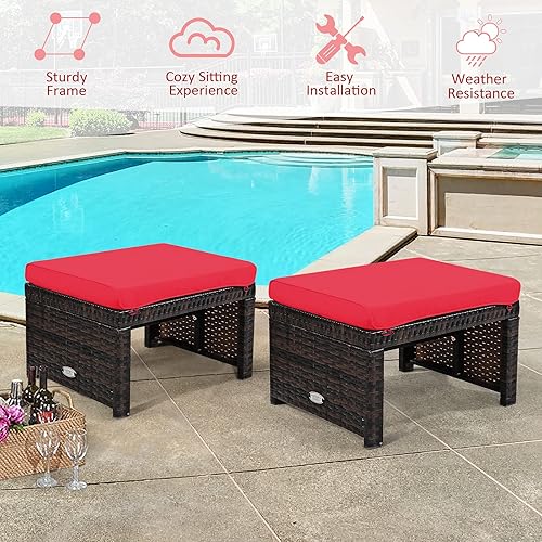 Miniatura 9 de Tangkula 2 otomanas de ratán para patio, reposapiés para todo tipo de clima, asiento para exteriores con cojín suave, cremallera oculta, esponja de