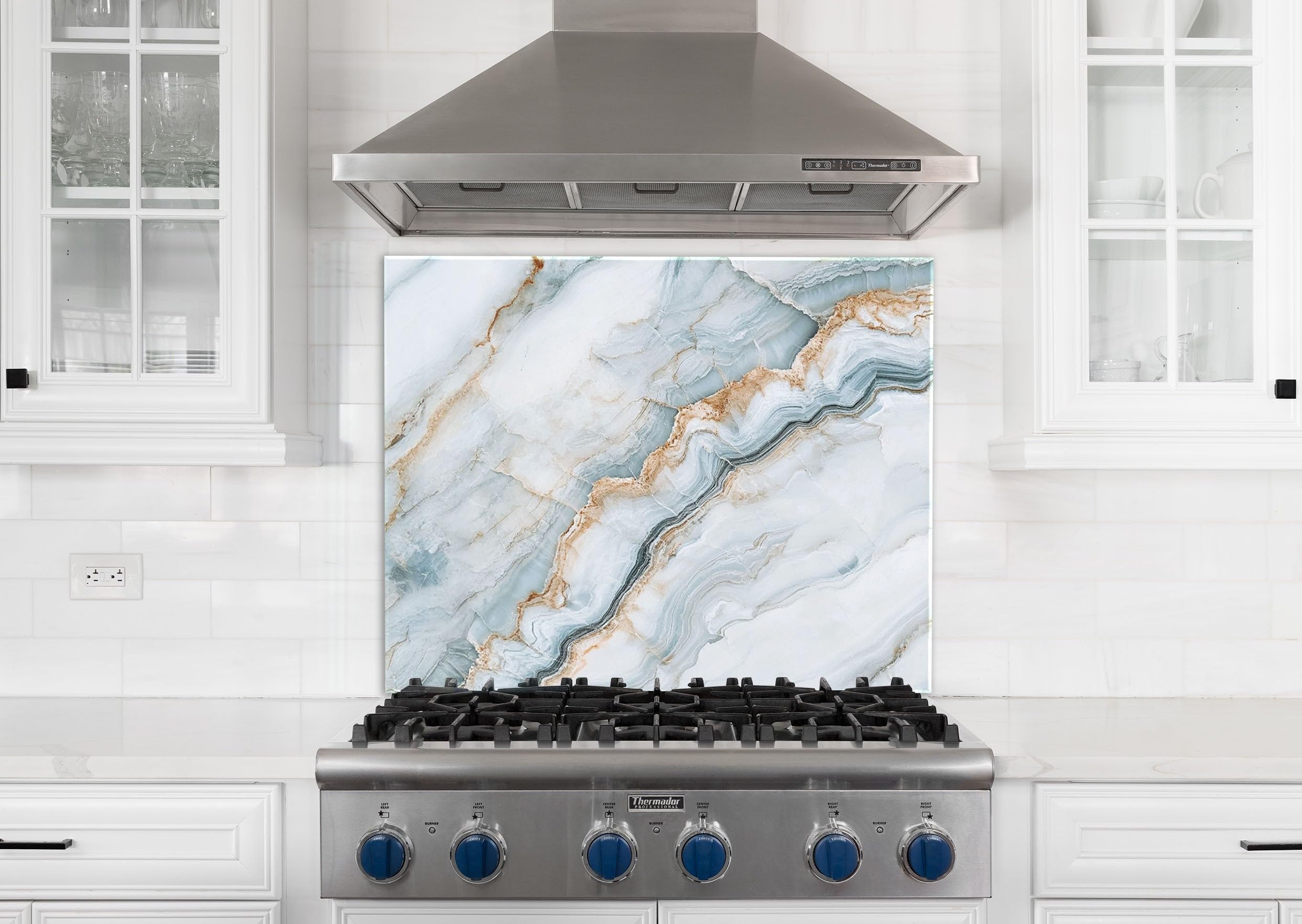 Myphotostation Crédence en verre trempé pour cuisinière, protection murale pour cuisinière, planche à découper, 30,4 x 25,4 cm, bleu et beige