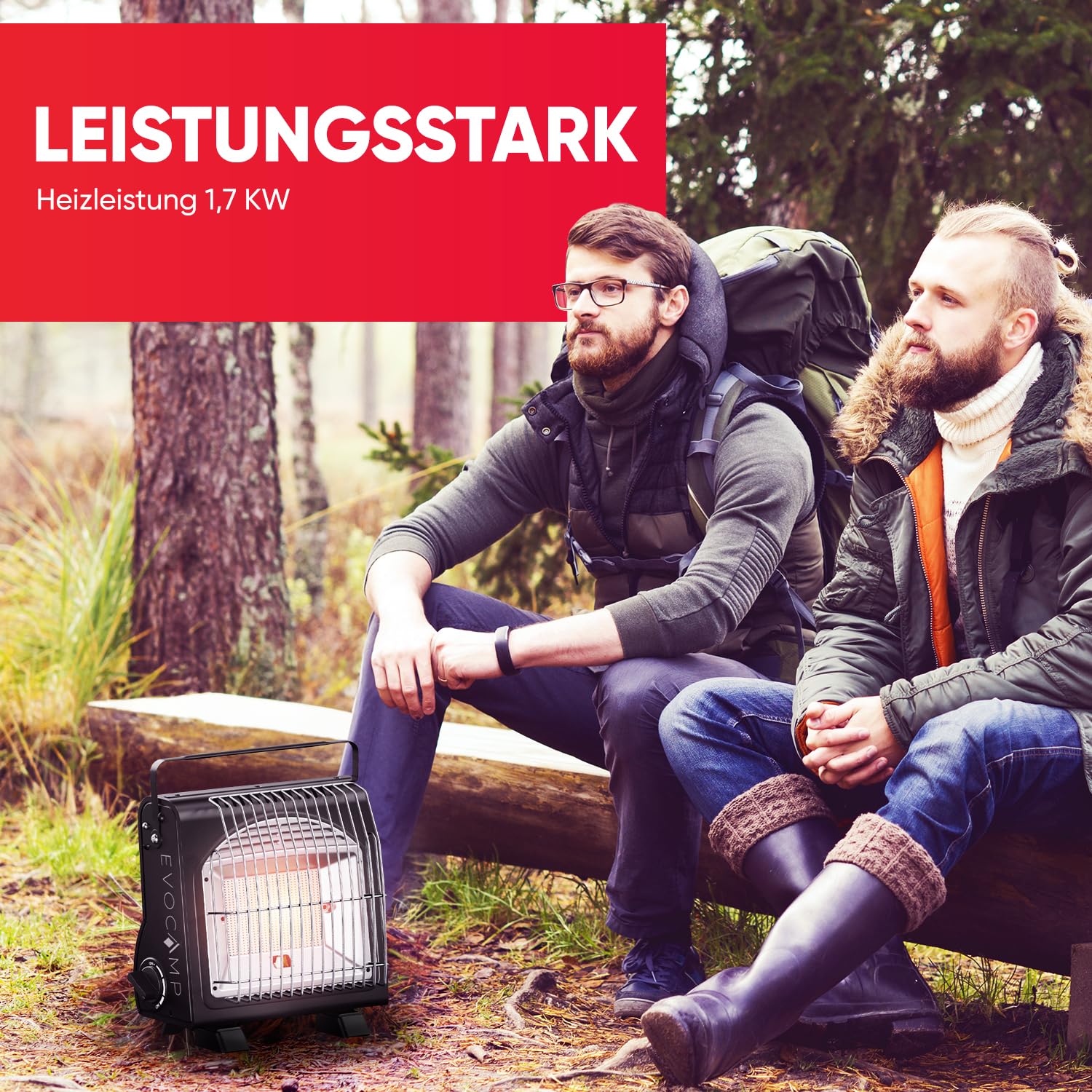 EVOCAMP tragbare Gasheizung und Gaskocher 2-in-1, Camping Heizung 1,7 kW, multifunktionale Keramikheizung, perfekte Gasheizung für Outdoor, Heizstrahler, Zeltheizung