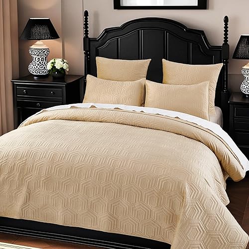 Miniatura 2 de Querencia Juego de edredón de terciopelo de lujo tamaño Queen, edredón beige tostado, edredón geométrico acolchado, colcha bordada, ropa de cama