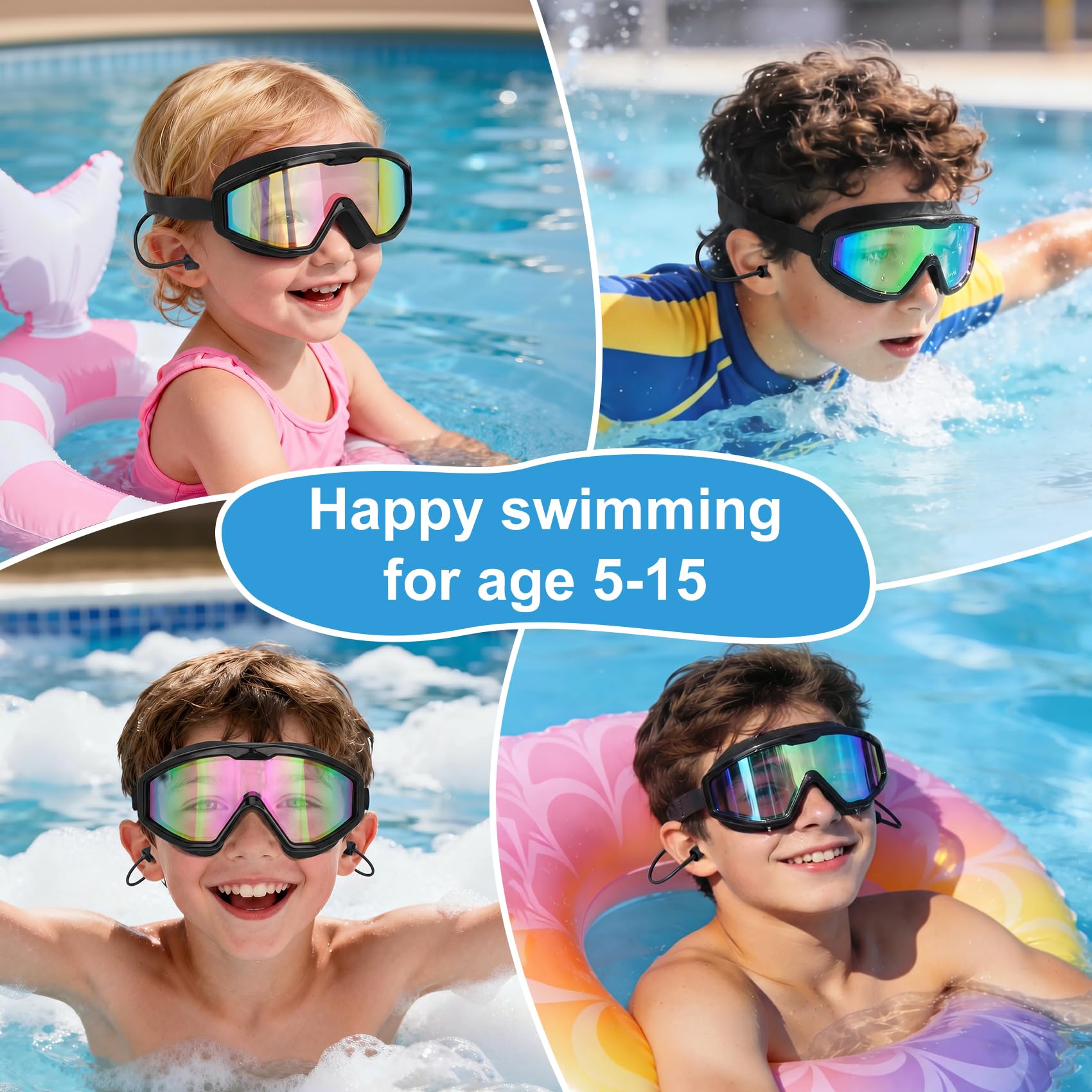Schwimmbrille für Kinder von 6–14 Jahren, Schwimmbrille mit Ohrstöpseln, Nasenklammer, Anti-Beschlag-UV-Schutz, Weitsicht, großer Rahmen, Pool, Wasser, Kinderbrille für Jungen, Mädchen
