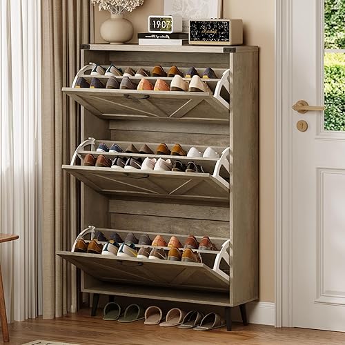 Miniatura 23 de Zapatero con 2 cajones abatibles y almacenamiento abierto, armario de almacenamiento de zapatos de granja para entrada, estante organizador estrecho