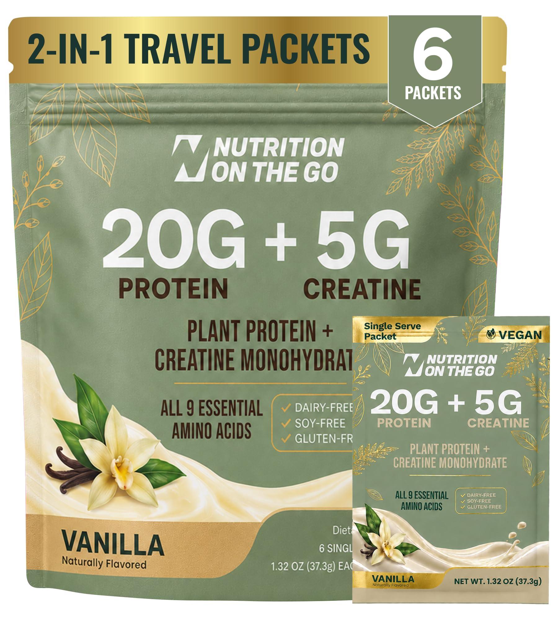 Nutrition On The Go Suplemento de Proteína Vegetal e Creatina 20 g + 5 g, Baunilha, 6 sachês