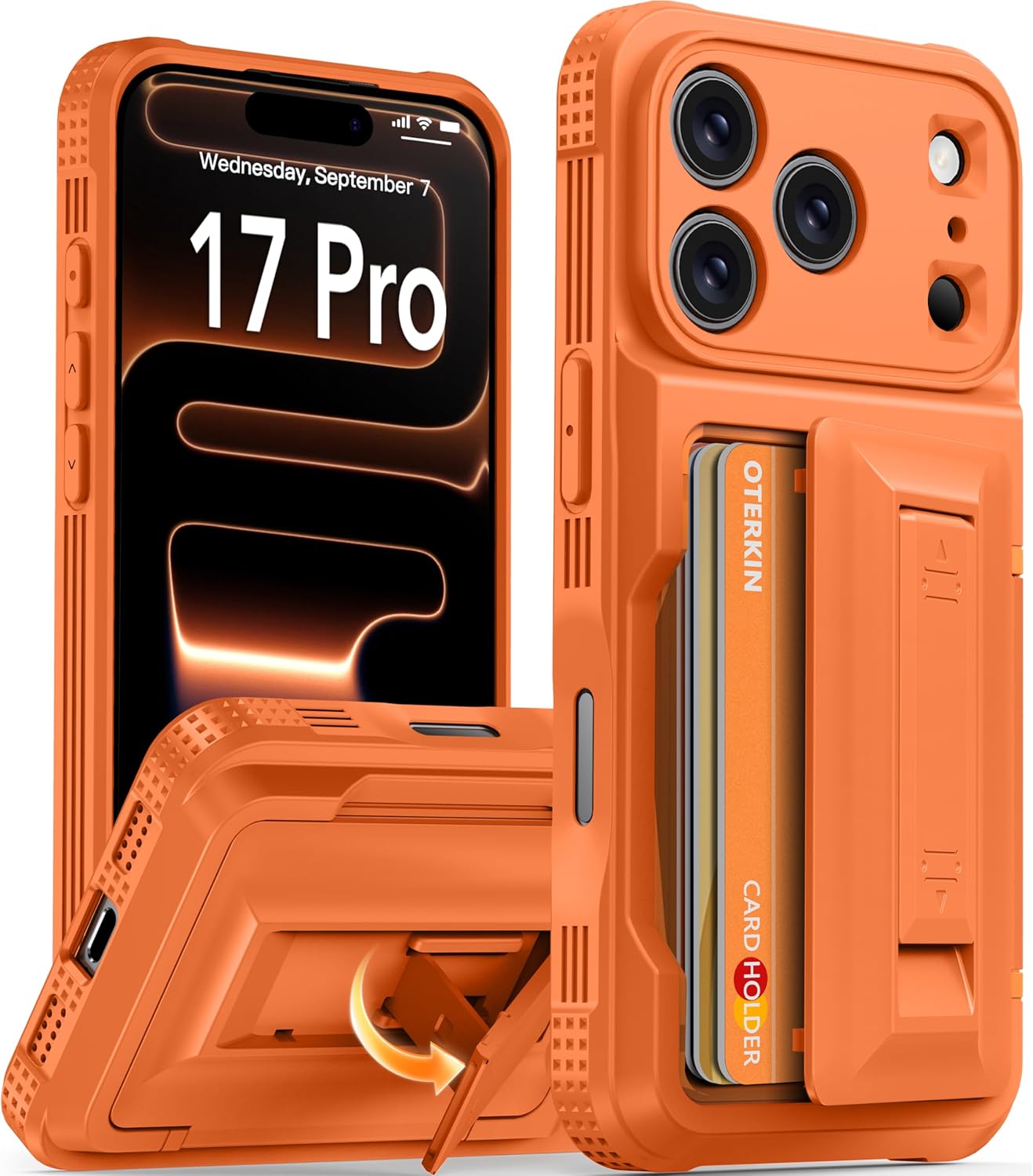 Oterkin for iPhone 17 Pro Wallet Case [4-5 Card Holder] [Kickstand] [RFID Blocking] [Full Camera Protection] [Military Grade Protection] Shockproof Rugged Phone Case for iPhone 17 Pro, Orange iPhone 17 Pro Case iPhone 17 Pro-Orange