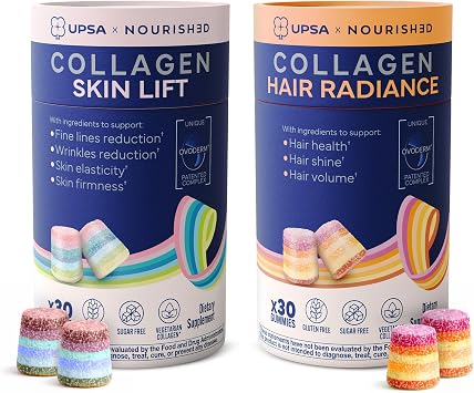 Upsa Nourished Collagen Beauty Bundle Hair Health & Skin Lift with Ovoderm Egg Membrane Complex, Biotin, Vitamin C, Zinc, Copper & Selenium Hair Skin Nail Support 30 Gummies Each 2 Pack