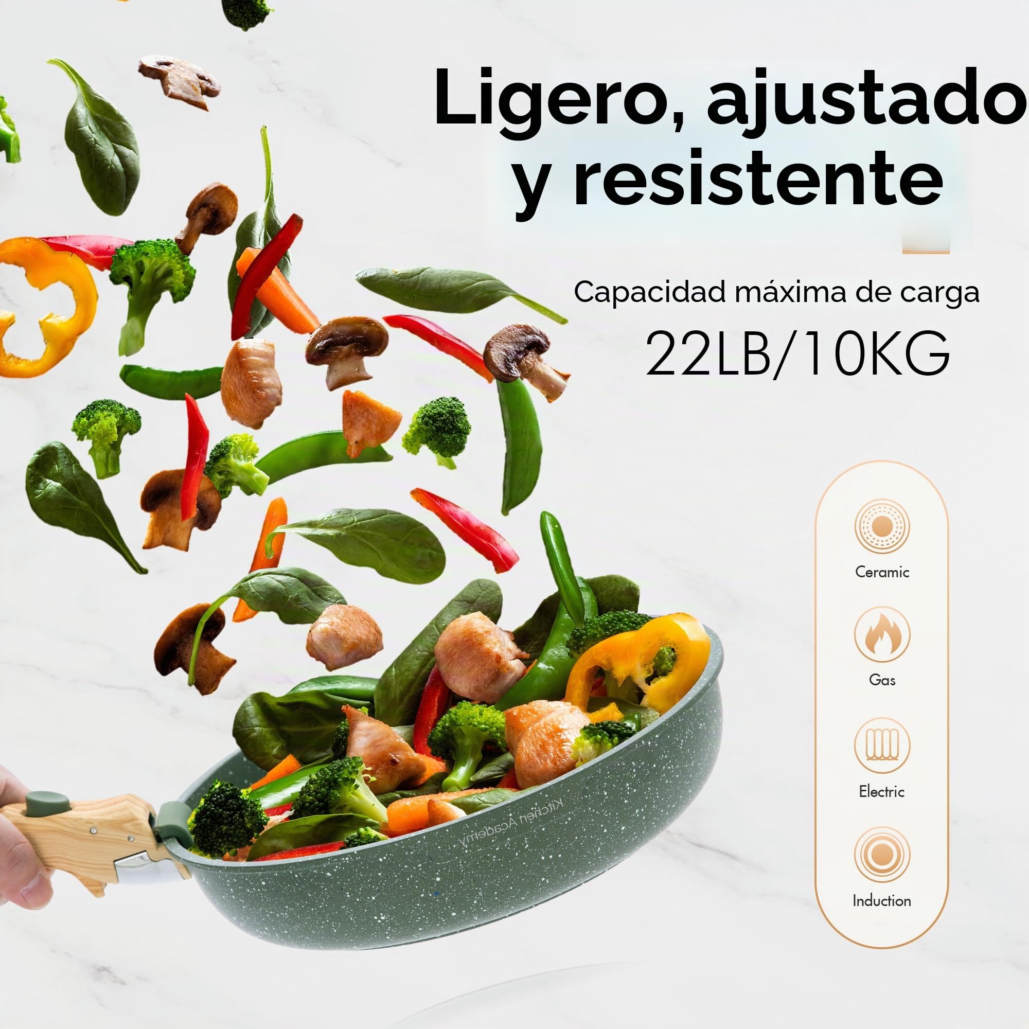 Juego de Sartenes Antiadherente 10 piezas con Mango Desmontable Verde | Juego de Cocina con Tapa de Cristal, Desmontable, Textura de Mármol, Apta para Inducción, Gas y Microondas